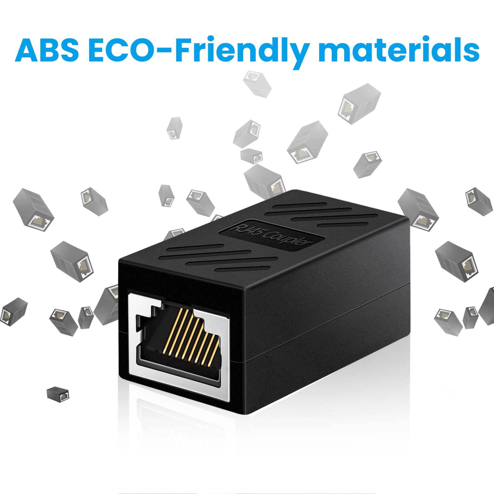 Four Fepukew RJ45 Ethernet network cable couplers for Cat7, Cat6, Cat5e, and Cat5 Ethernet cable extension, female to female connectors.