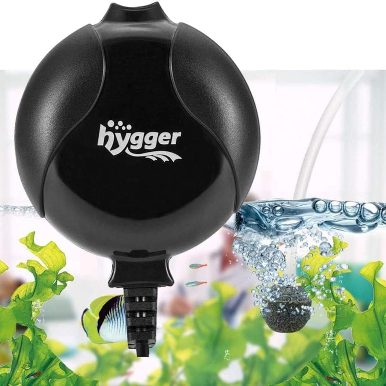 hygger quiet mini aquarium air pump in black with air stone and tubing, 1.5 watt oxygen pump for 1-15 gallon fish tanks