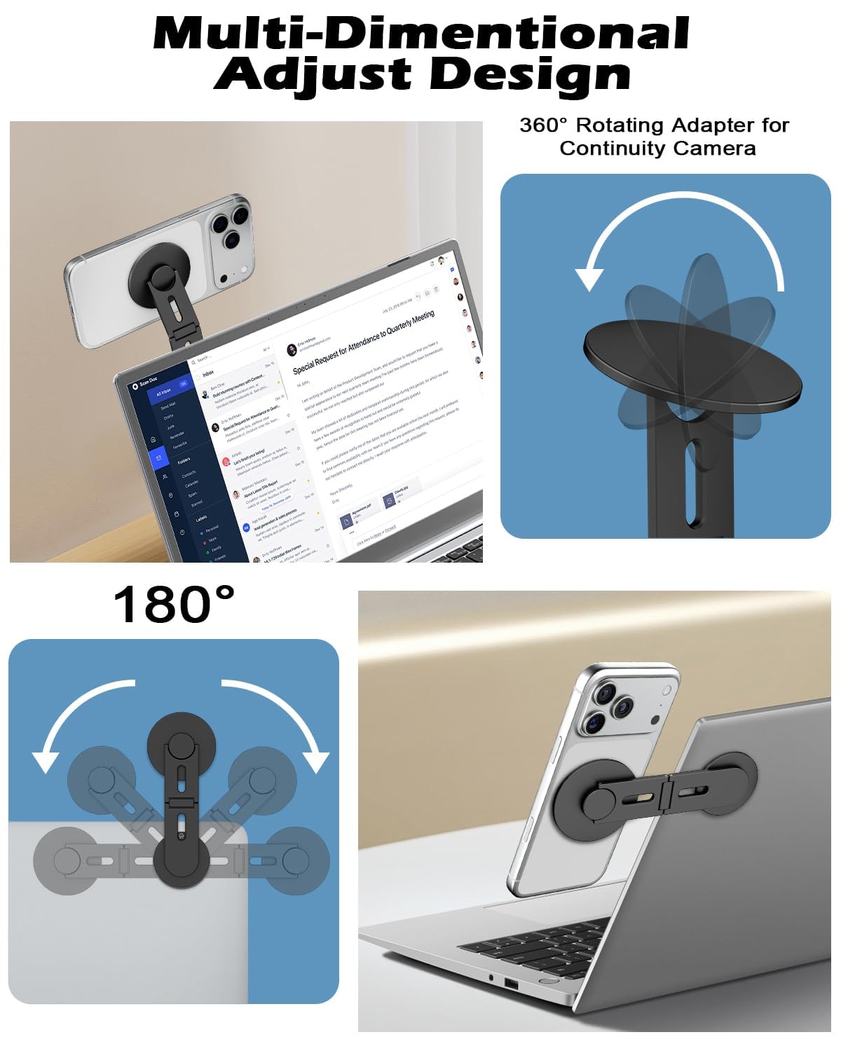 CloudValley magnetic portable phone stand holding an iPhone, clamp on a laptop or monitor side, black foldable electronic device mount.