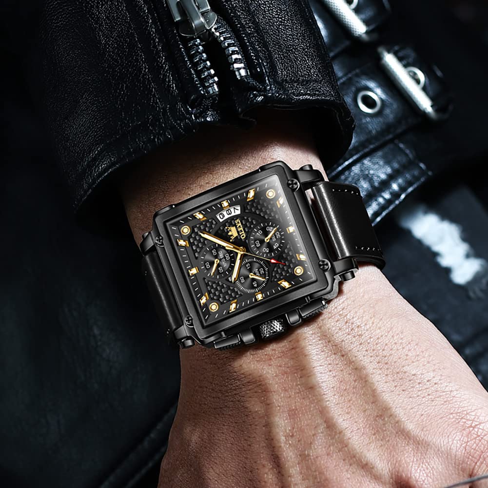 OLEVS Men's Square Chronograph Watch Black Leather Black Dial