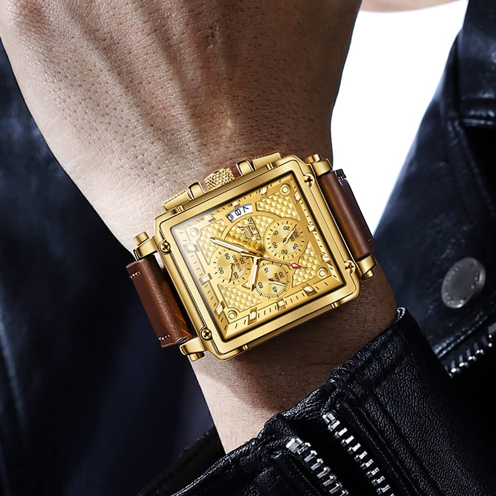 OLEVS Men's Square Chronograph Watch Brown Leather Gold Dial