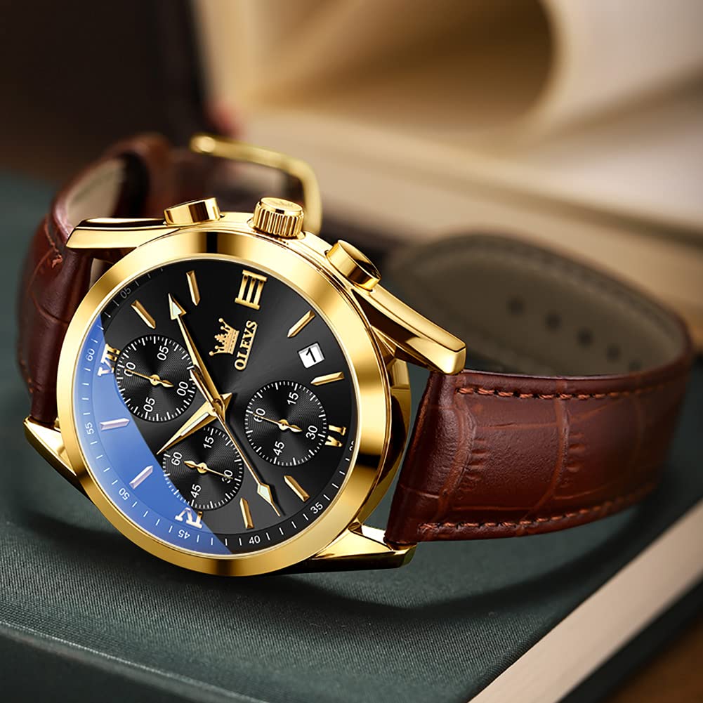 OLEVS Men's Chronograph Watch Leather Band Rose Gold