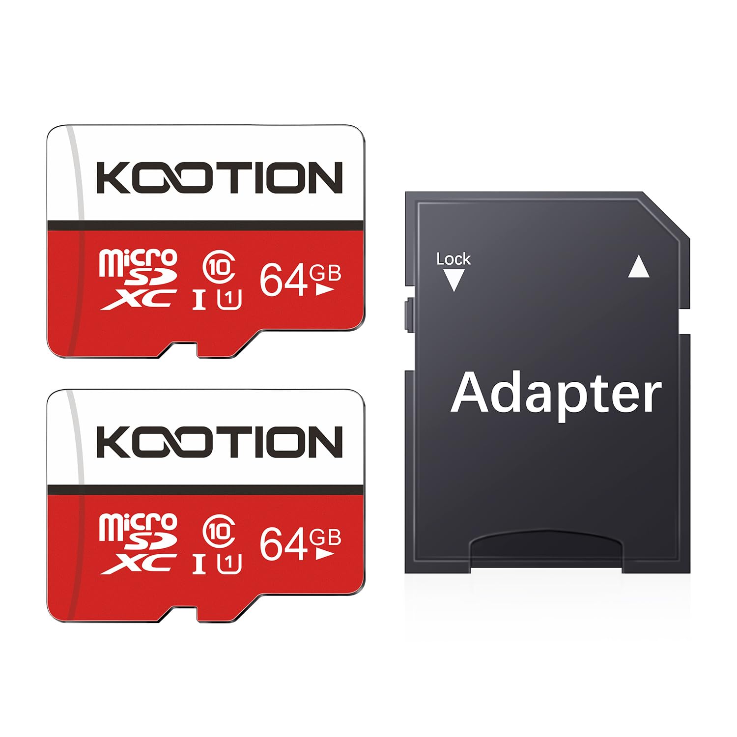 KOOTION 64GB Micro SDXC memory cards in a 2-pack, Class 10 UHS-I micro SD cards with adapters for high-speed data storage.