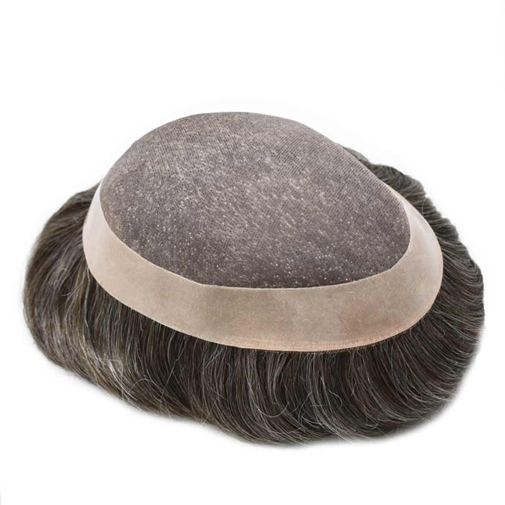 Curve Hair Mens Toupee Human Hair Piece Replacement System Monofilament Wig Hair Unit for Men Durable Poly Coated Mens Hairpiece (#310 Dark Brown+10% Gray, 6"X9")