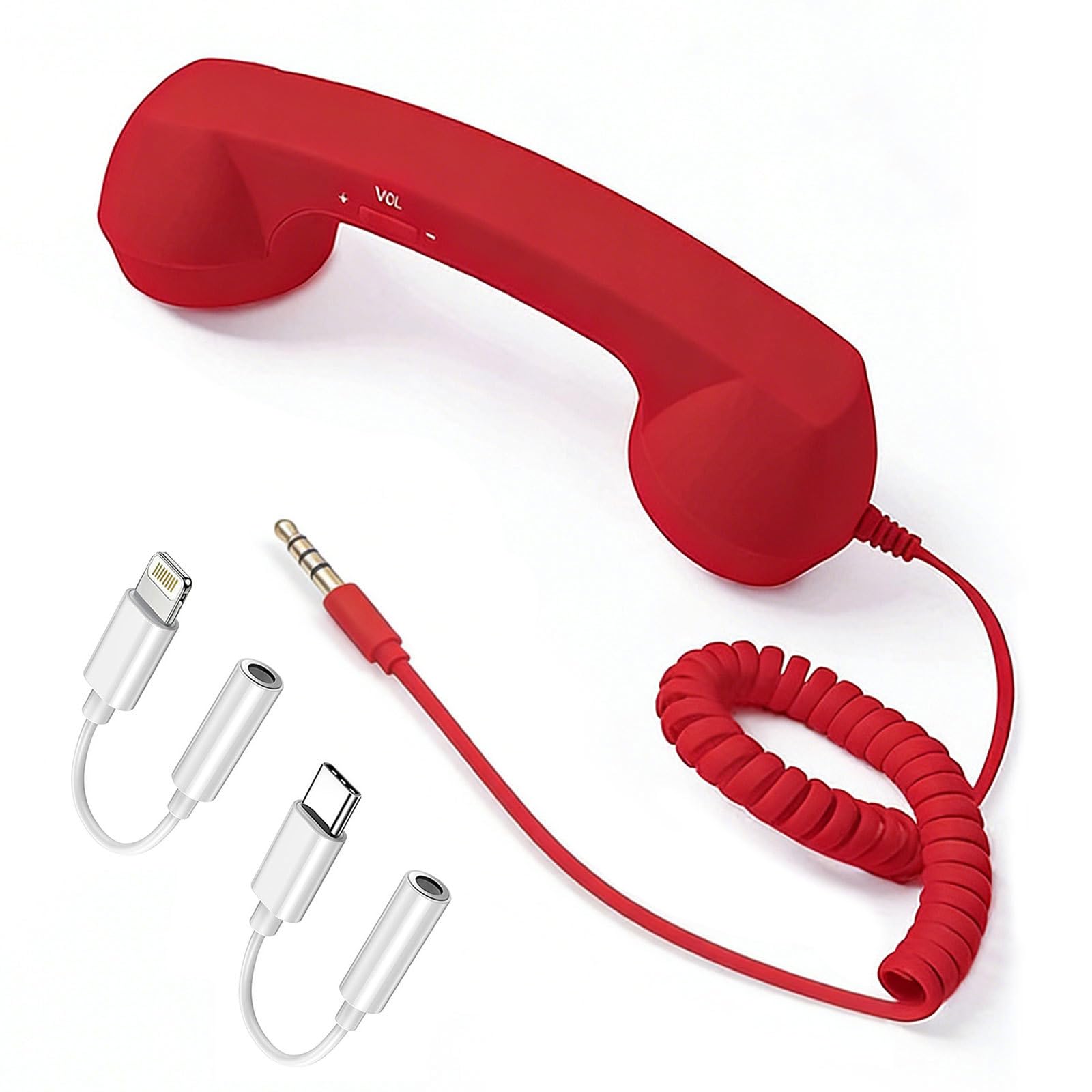 Retro Phone Handset for Cell Phone, 3.5mm Jack Vintage Telephone Receiver with USB-C & Lightning-Port Adapters | Classic Handset Feel for Compatible Devices (Red)