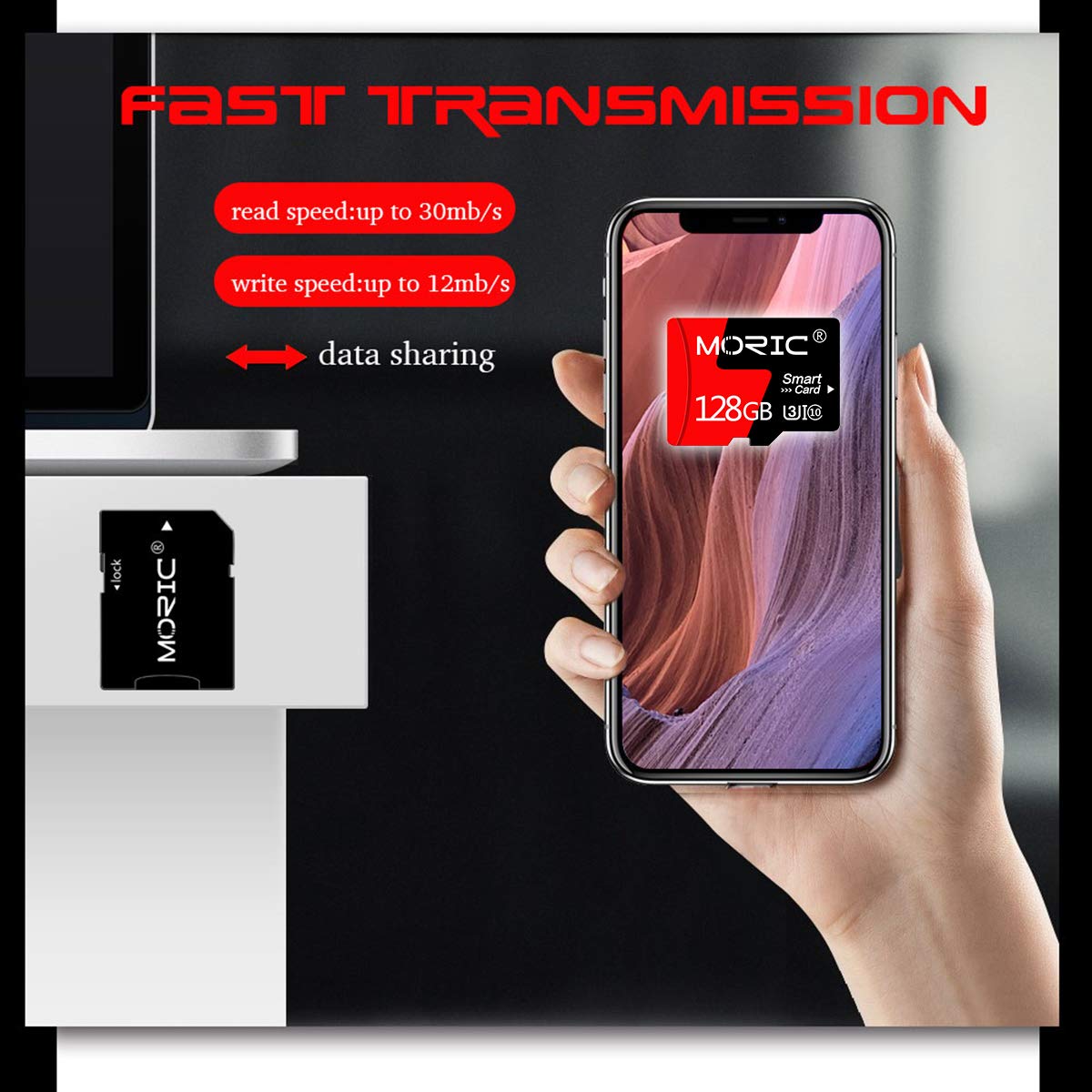 Two MORIC 128GB micro SD cards with adapters, high-speed C10 A1 TF memory cards for cameras, smartphones, tablets, and drones.