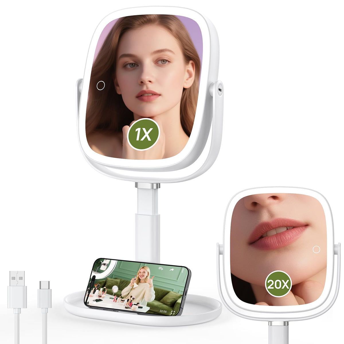 Height Adjustable Lighted Makeup Mirror with Lights and - Glowtop Official Imagery - 1