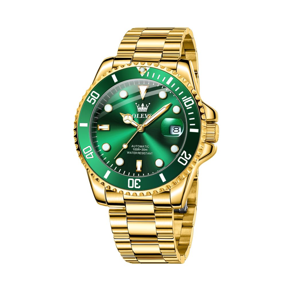 OLEVS Men's Luxury Gold Automatic Watch Green Dial Luminous
