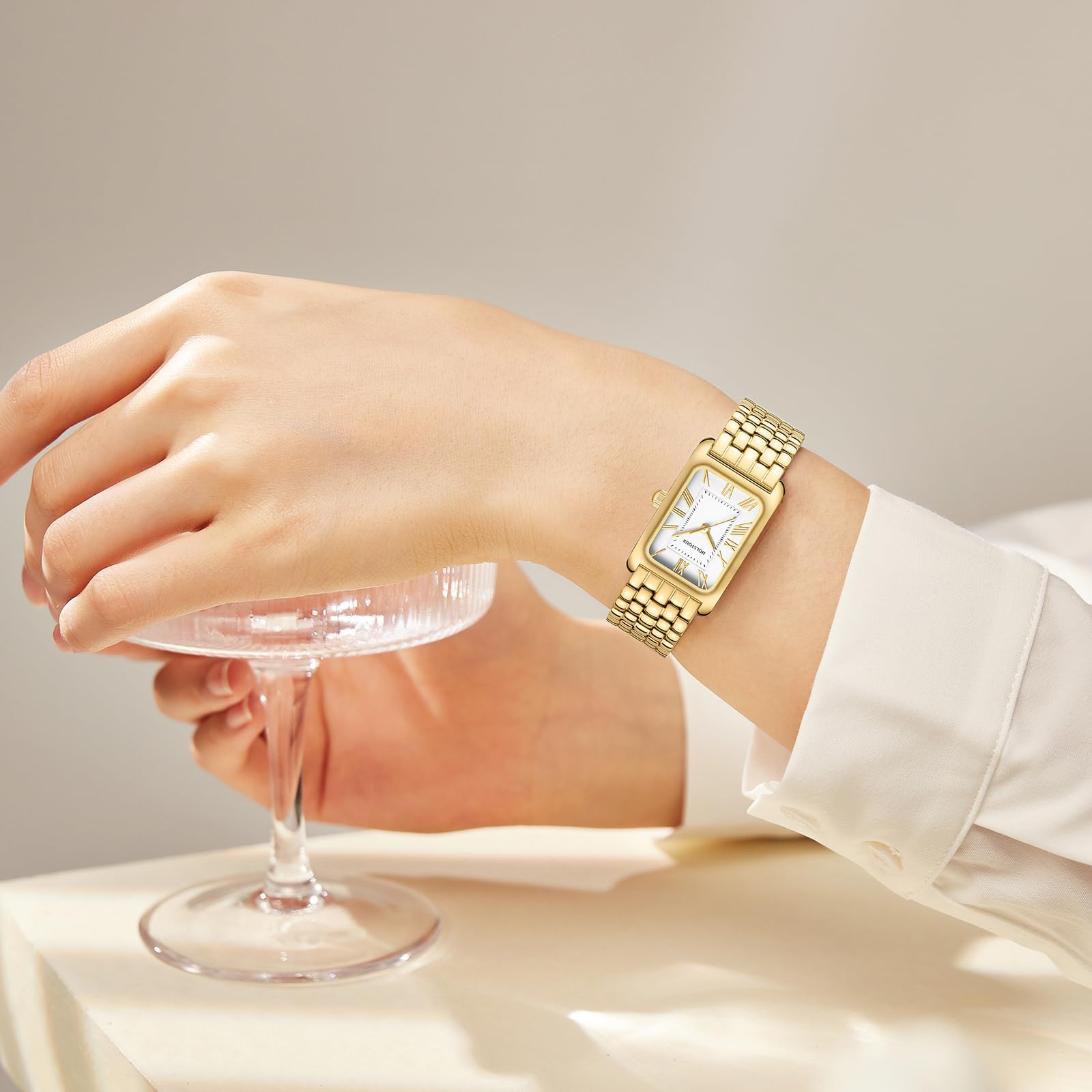 HOLSTOUR Women's Vintage Gold Rectangular Watch Roman Dial