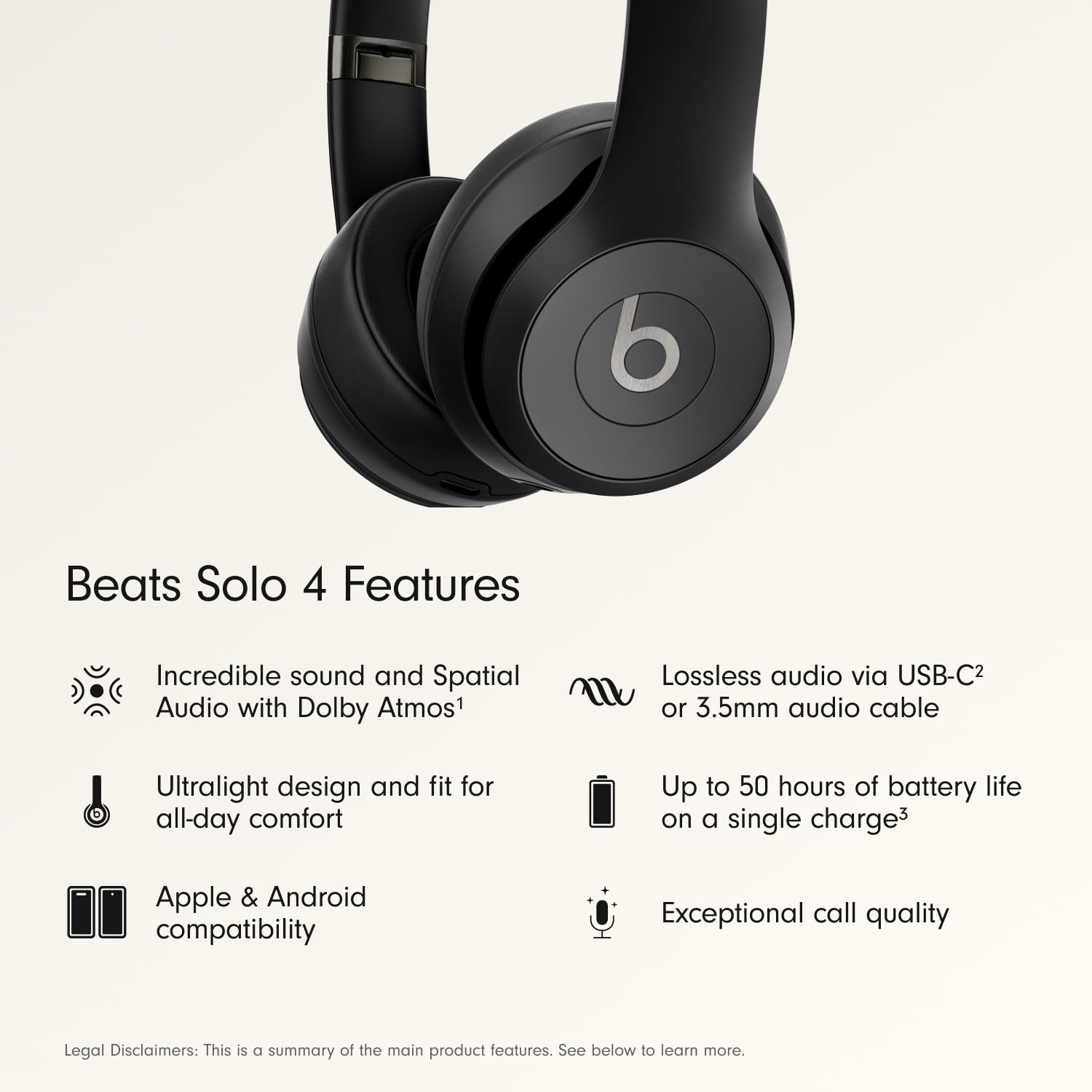 Beats Solo 4 wireless on-ear Bluetooth headphones in matte black with lightweight design and up to 50-hour battery life.