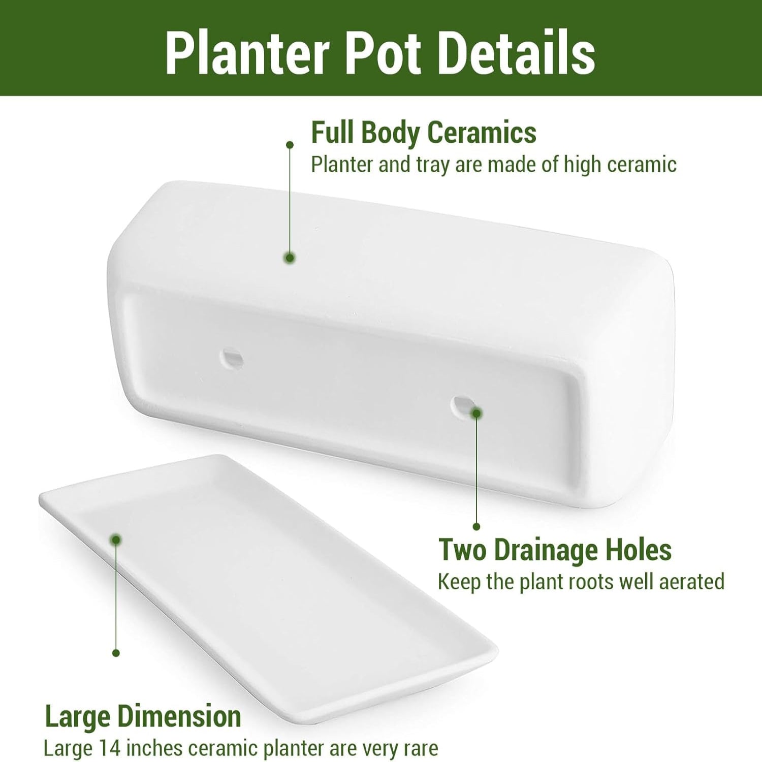 Rectangular 14-inch ceramic indoor plant pot with drainage hole by MyGift, suitable for home or office plant display.