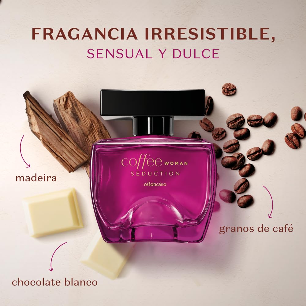 O Boticario Coffee Woman Seduction Eau de Toilette bottle, long-lasting perfume for women with a sleek design and rich aroma.
