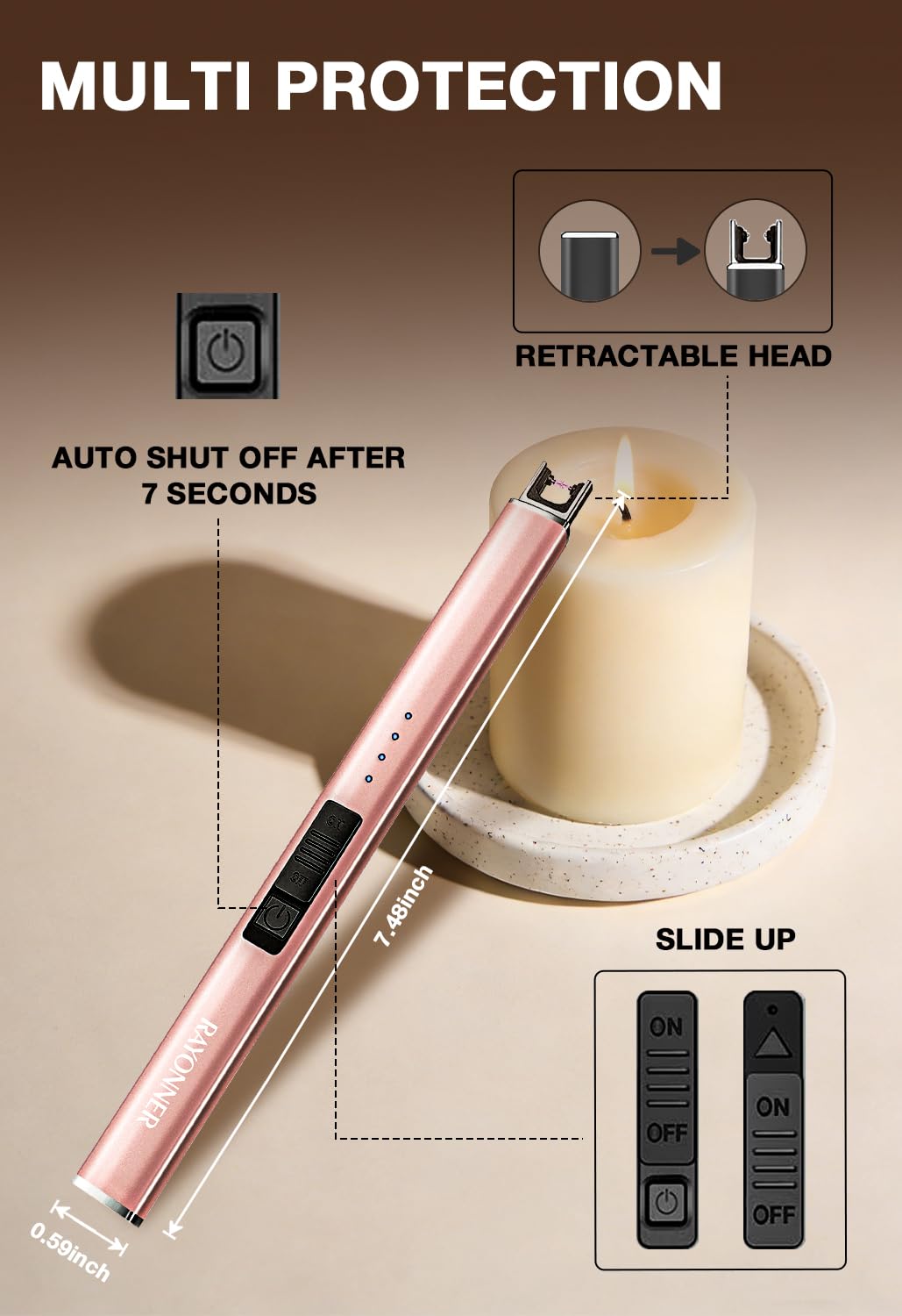 RAYONNER Electric Candle Lighter USB Plasma Arc Windproof Rose Gold - View 5