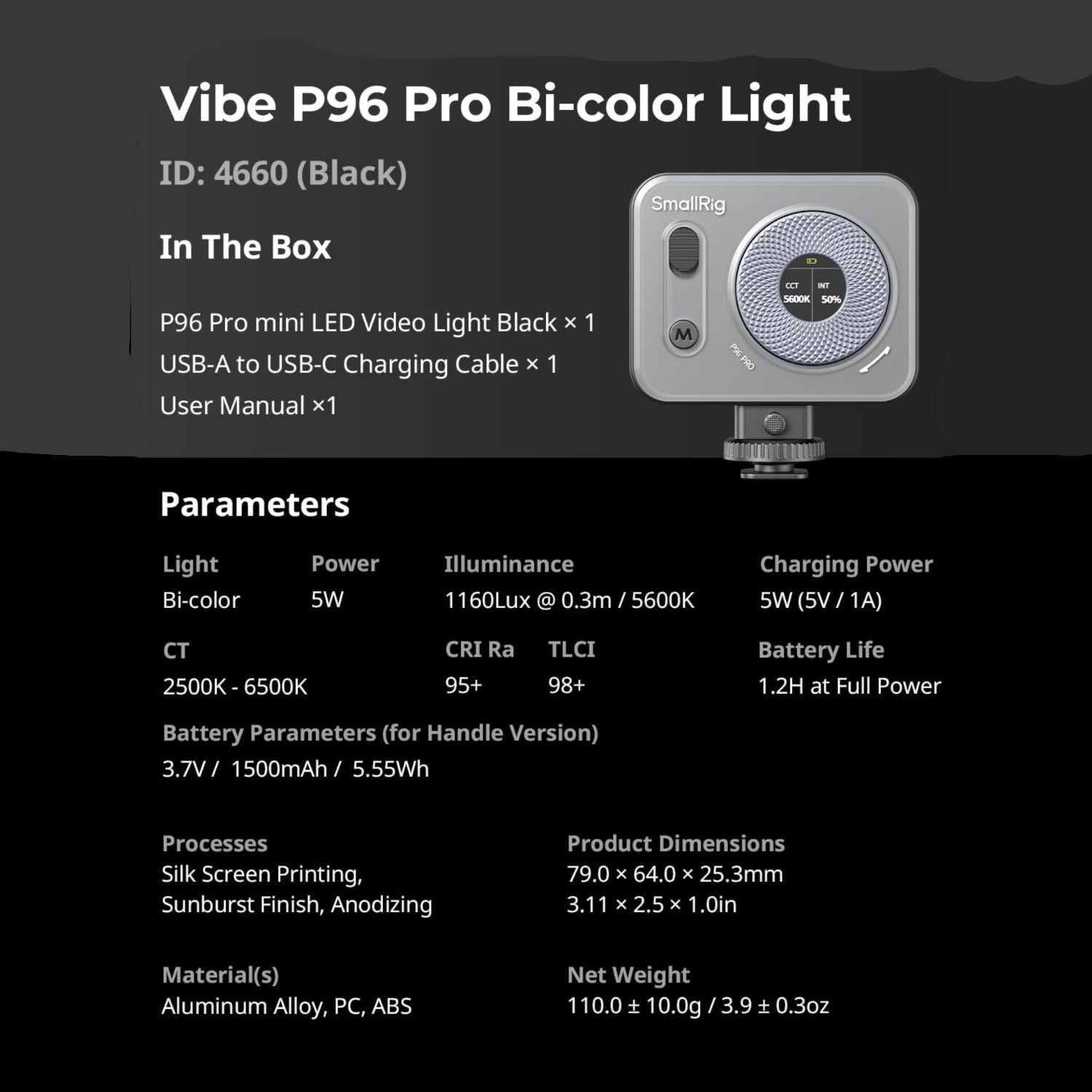 SmallRig Vibe P96 Pro LED video light for portable photography and videography, with adjustable brightness and compact design.