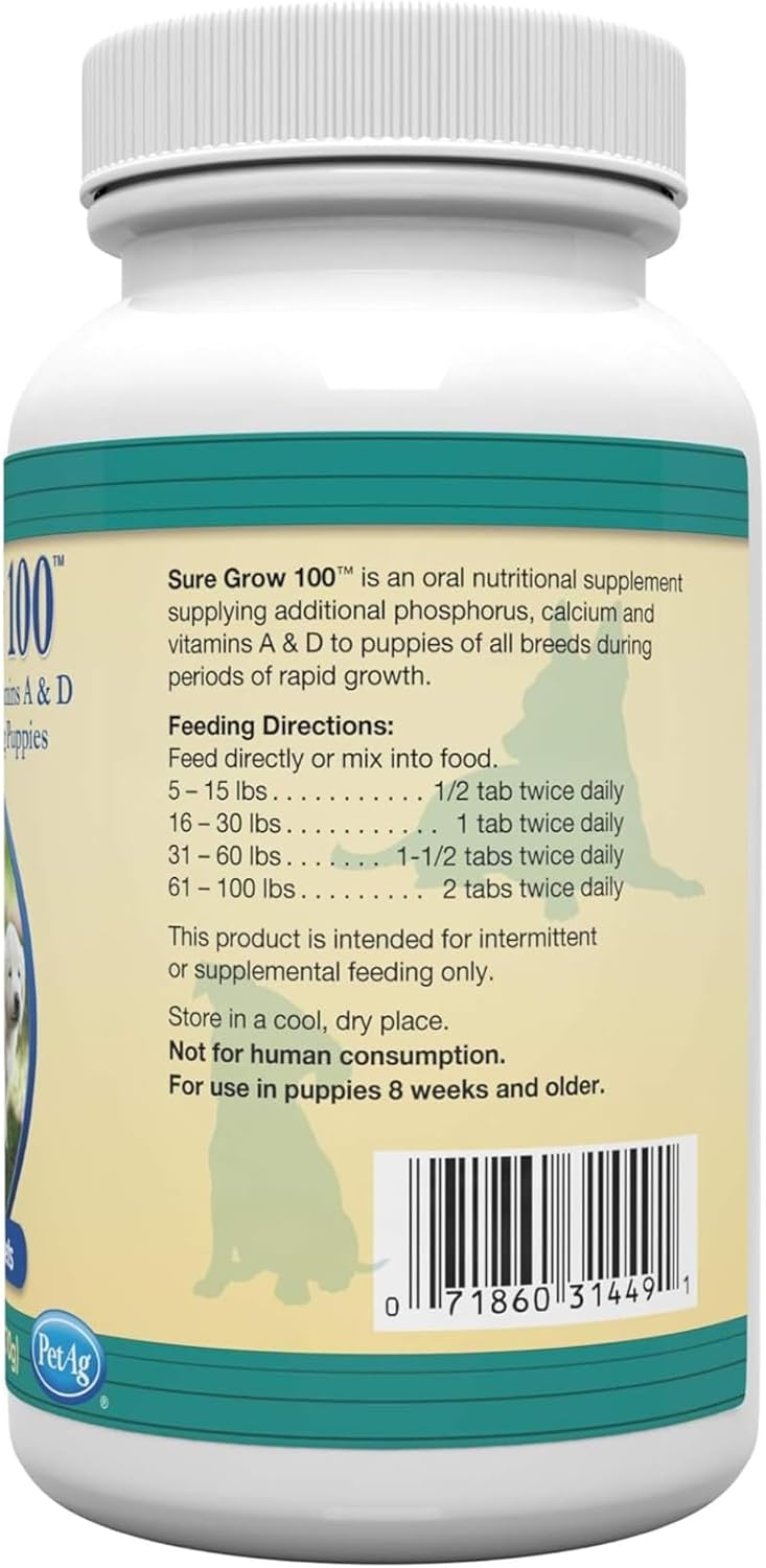 PetAg Sure Grow 100 chewable tablets for puppies, promoting bone development with vitamins A and D, shown in the image.