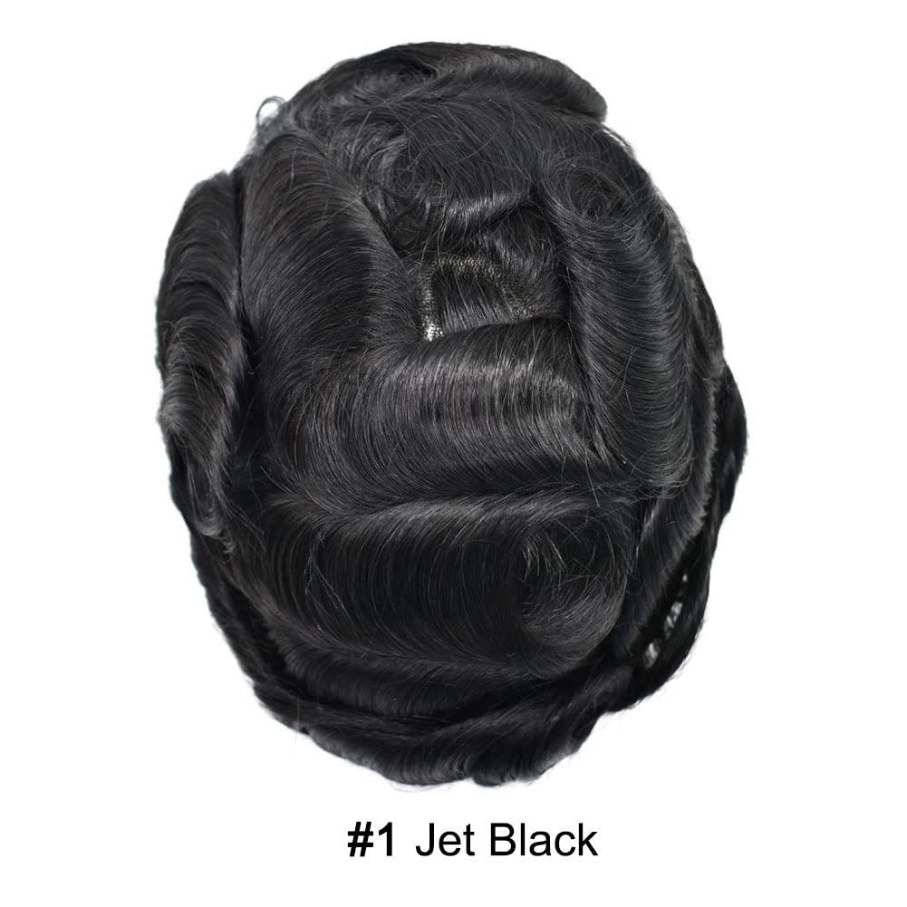 Curve Hair Mens Toupee Human Hair Piece Replacement System Monofilament Wig Hair Unit for Men Durable Poly Coated Mens Hairpiece (#1 Jet Black, 5"X7")