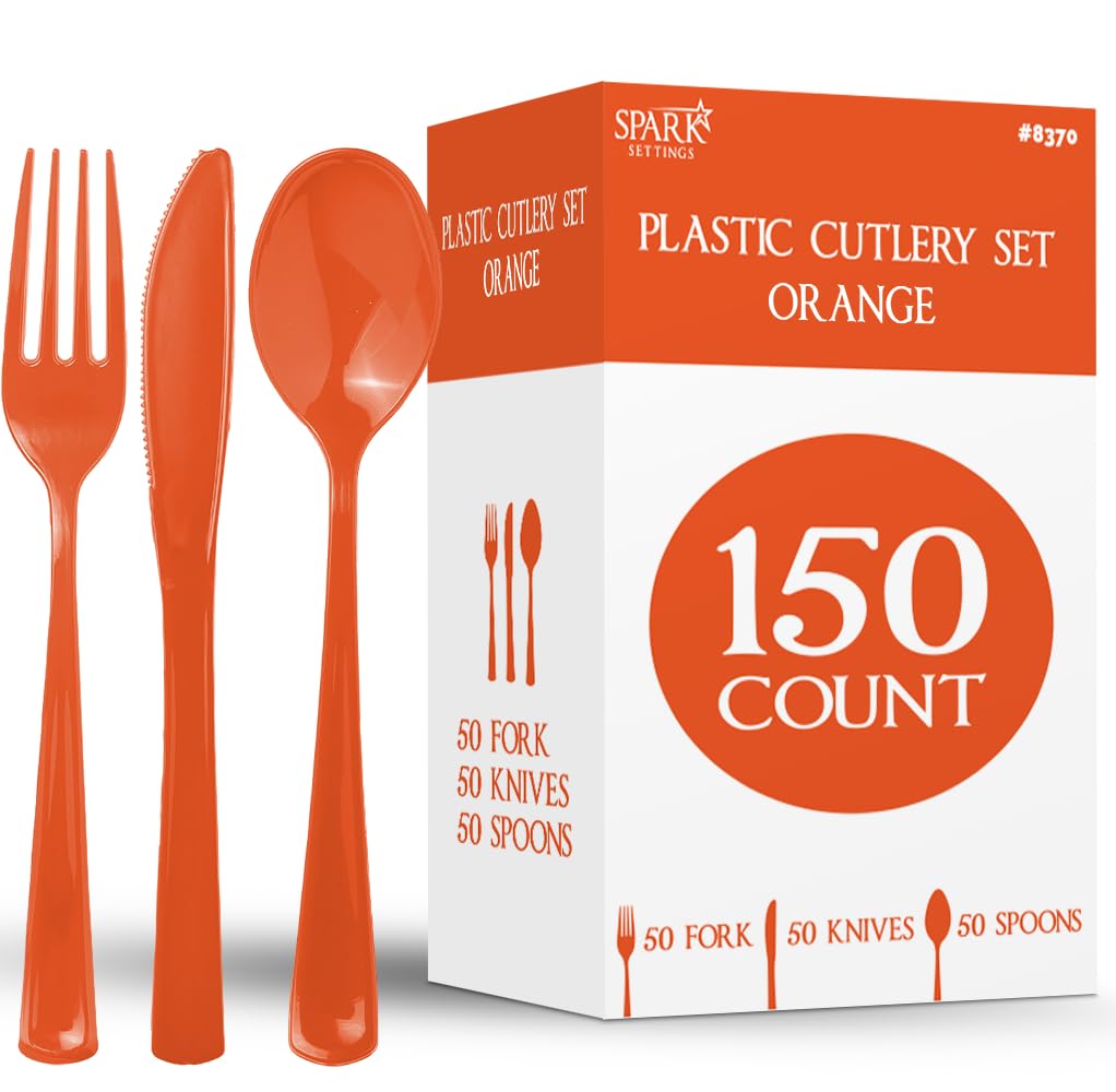 150 Pack Plastic Silverware Heavy Duty, Orange Disposable - Product Imagery