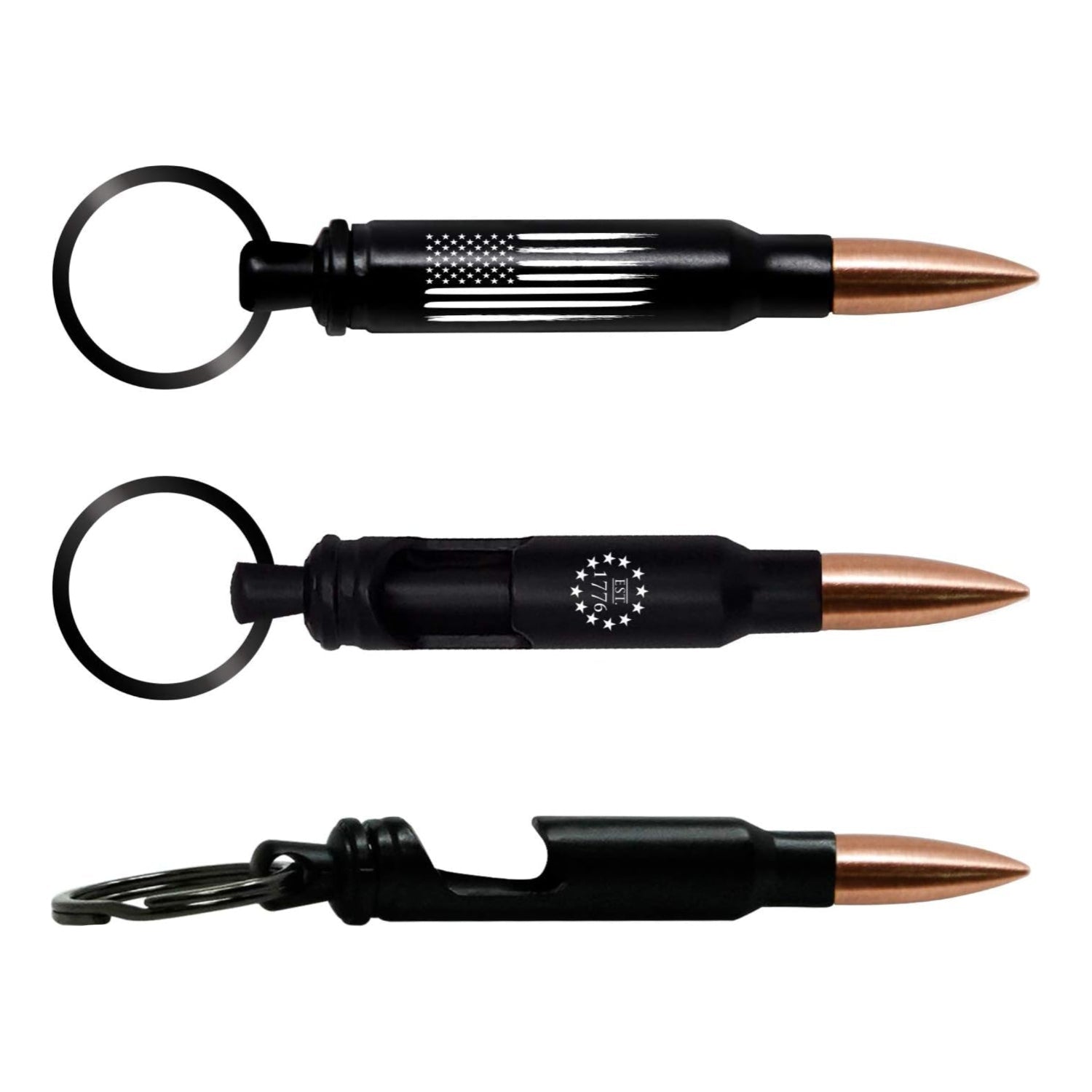 American flag 556 keychain bottle opener with bullet design, military-themed keychain for veterans and patriotic gift.