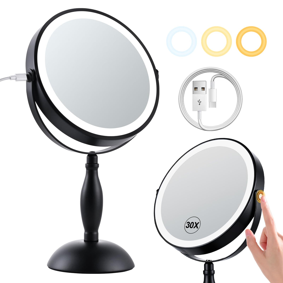 30X Magnifying Mirror with Lights Matte Black 8 Dual Sided - DASLAVA Official Imagery - 1