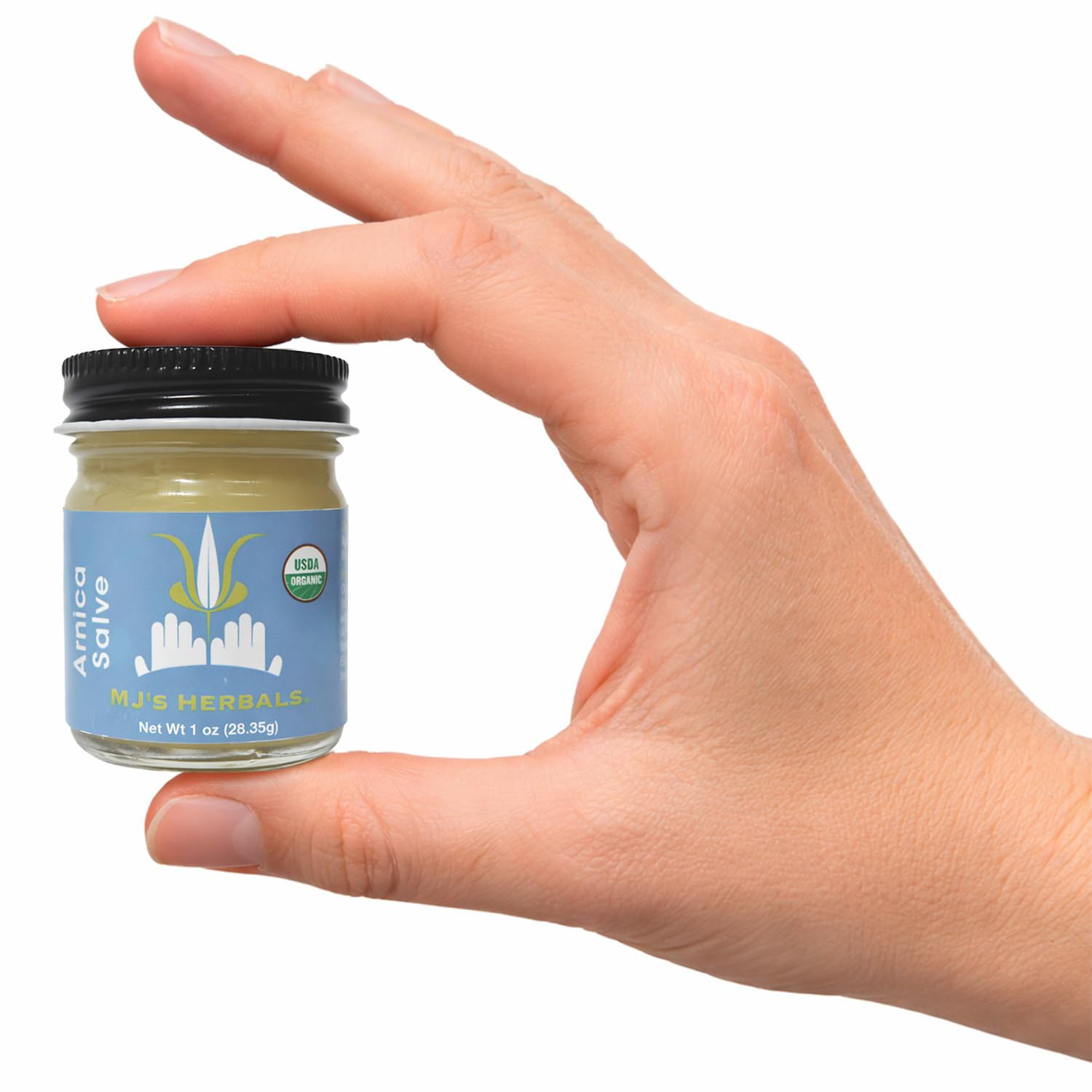 MJ's Herbals Organic Arnica Salve in a 1 oz botanical balm jar, a natural skin moisturizer for soothing and healing.