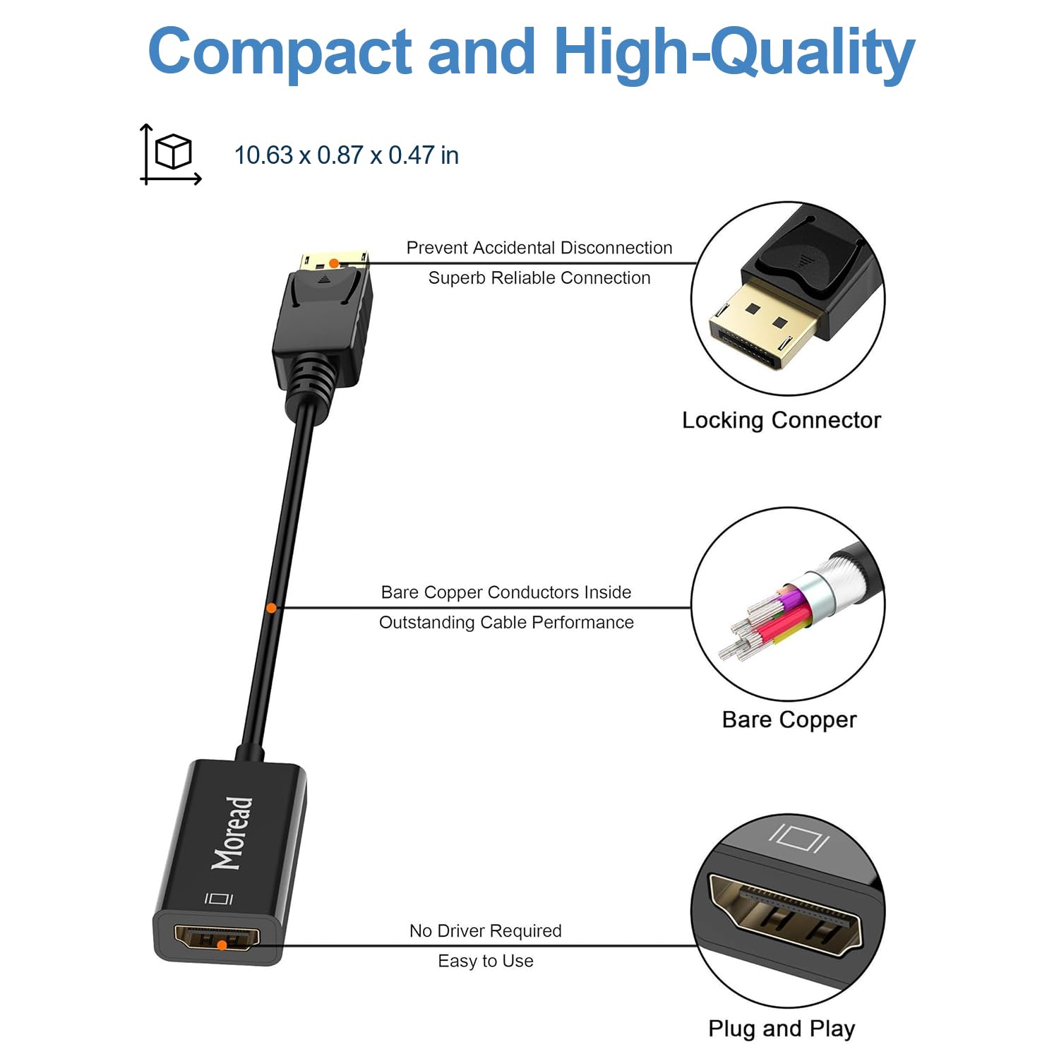 Moread 4K DisplayPort to HDMI adapter in black, male to female connector for connecting DisplayPort devices to HDMI displays.