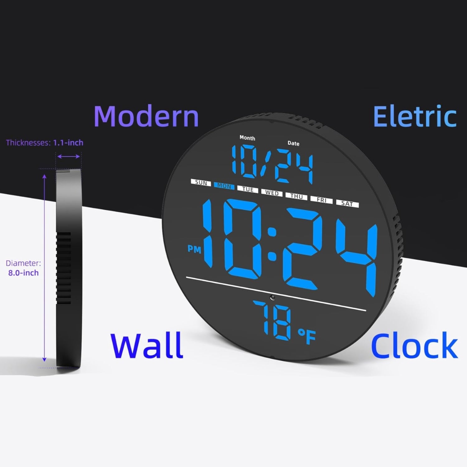 Digital wall clock by XUANZIT with large LED display showing time, date, temperature, and auto-brightness feature.