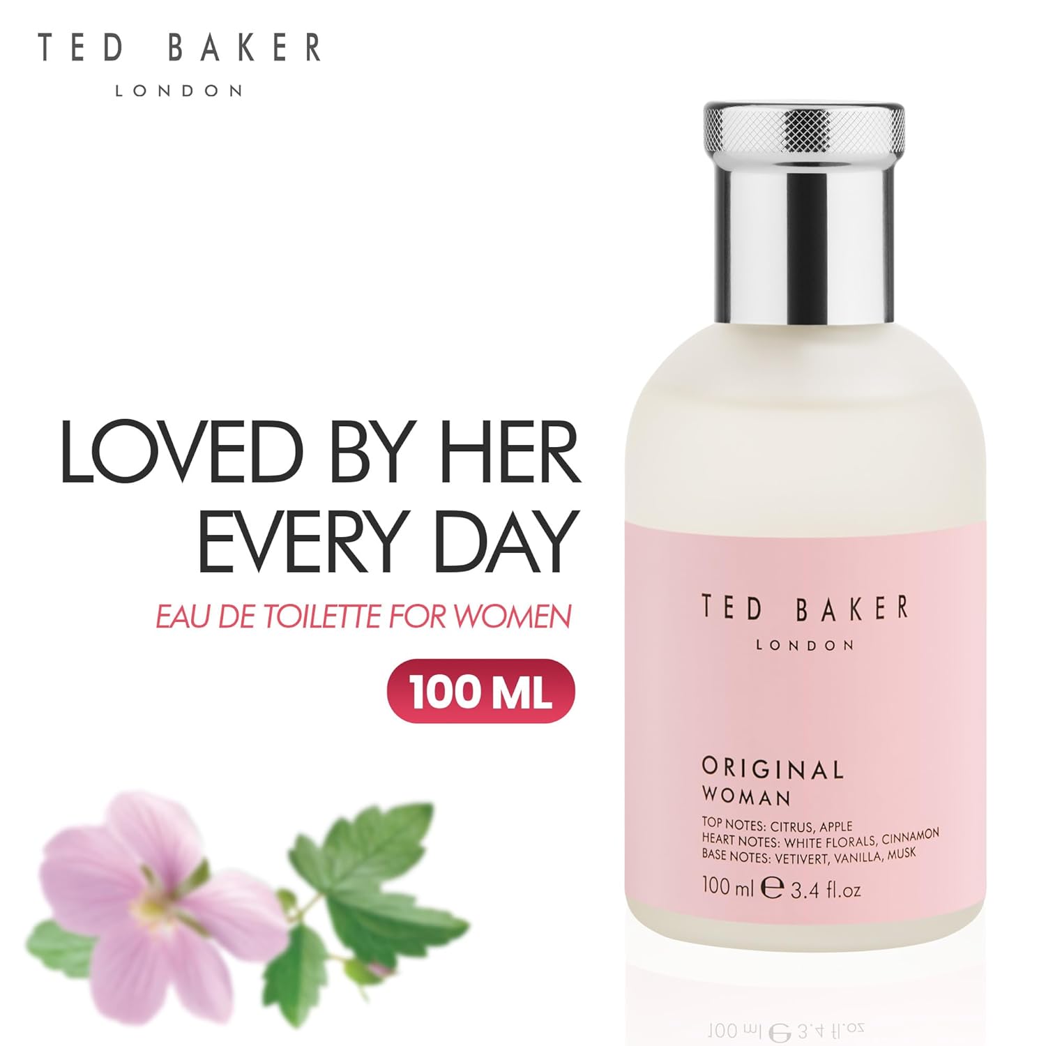 Ted Baker pink floral Eau de Toilette perfume for women featuring green, fruity notes with peach and bergamot.