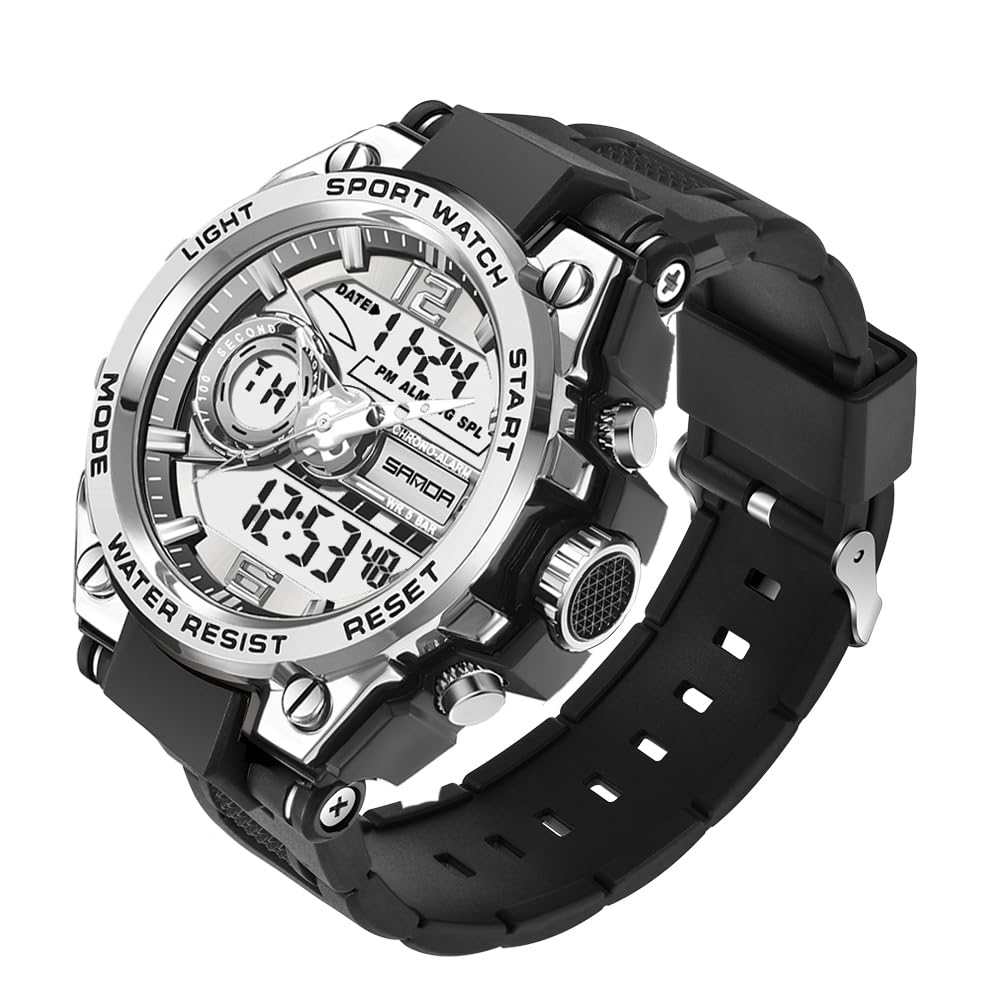 KXAITO Men's Military Sports Watch – LED, Dual Time, Silver