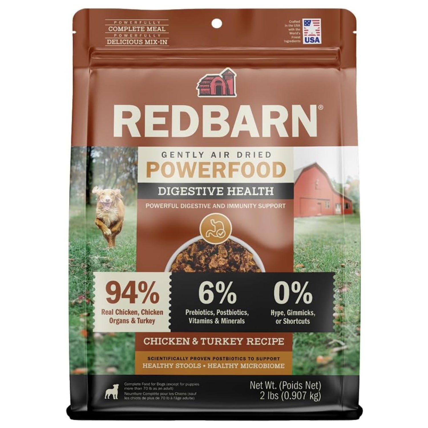 Redbarn Powerfood air-dried dog food with 93% beef, designed to promote digestive gut health, shown in a close-up image.