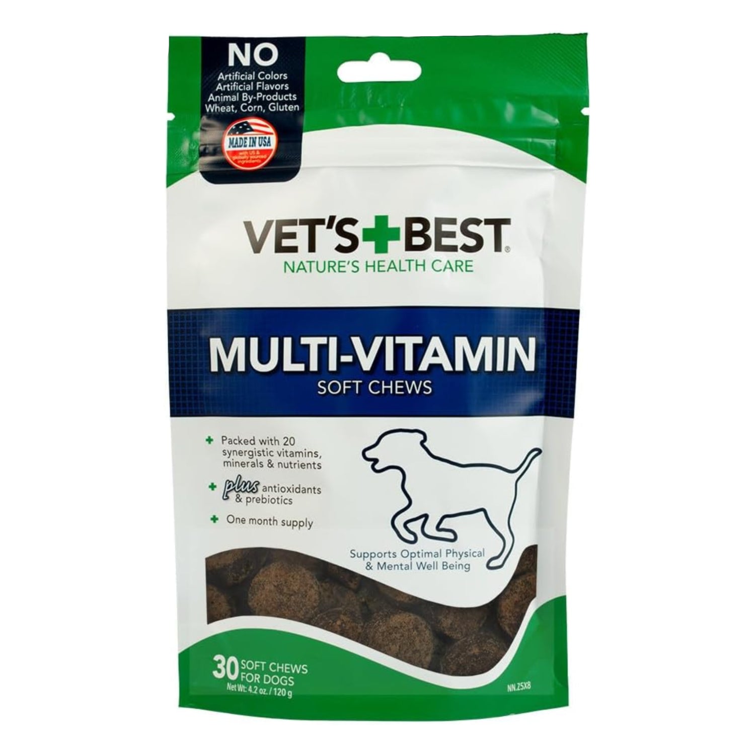 Vet's Best multi-vitamin soft chew for dogs, showing a close-up of the flavorful supplement treats in a pet bowl.
