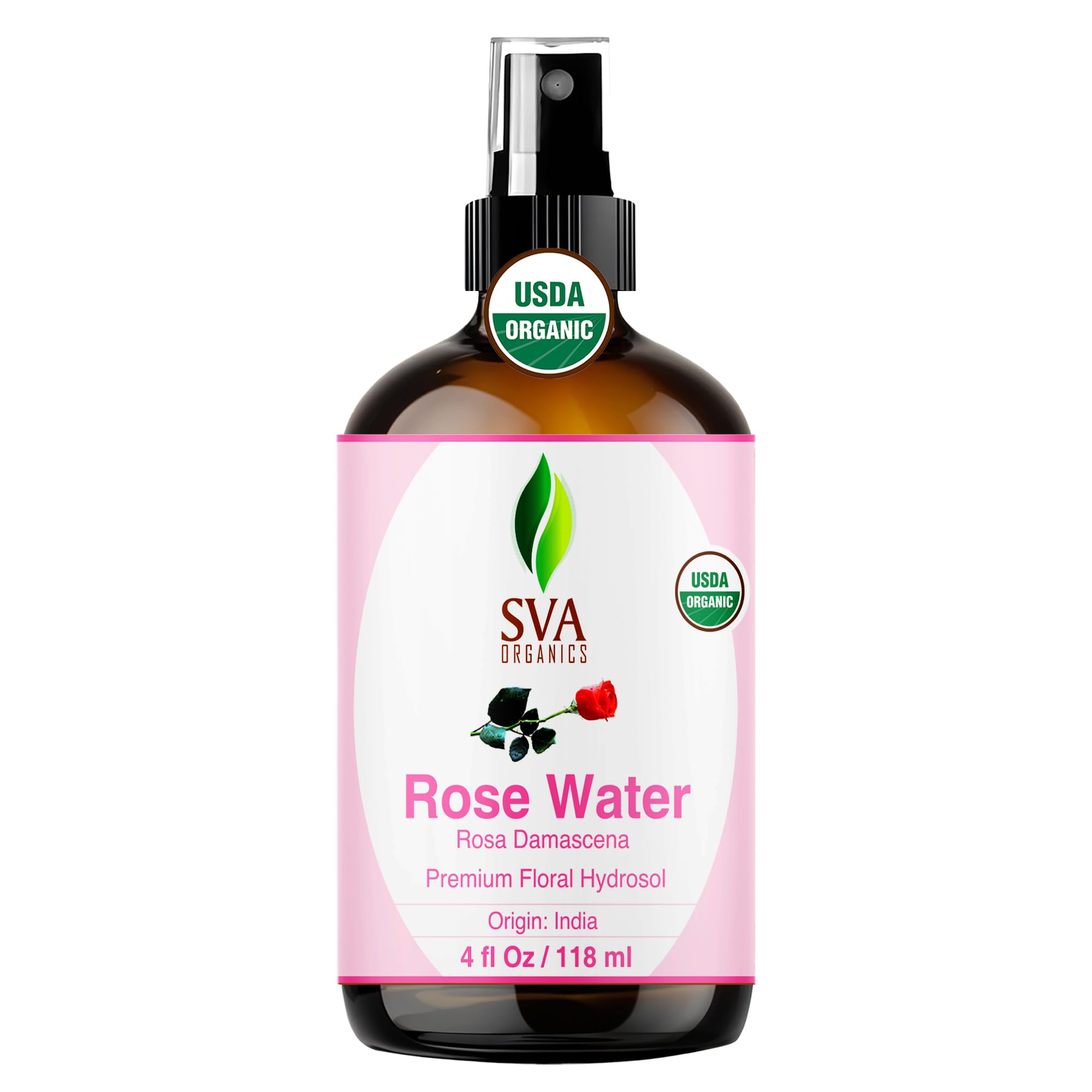 SVA ORGANICS Rose Water, Glass Bottle with Spray, 4 Fl Oz (118 - Product Imagery