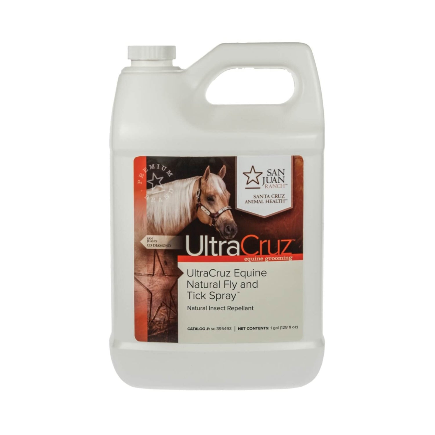 UltraCruz Equine Natural Fly and Tick Spray for Horses in a 1-gallon refill bottle, showing the label and spray nozzle.