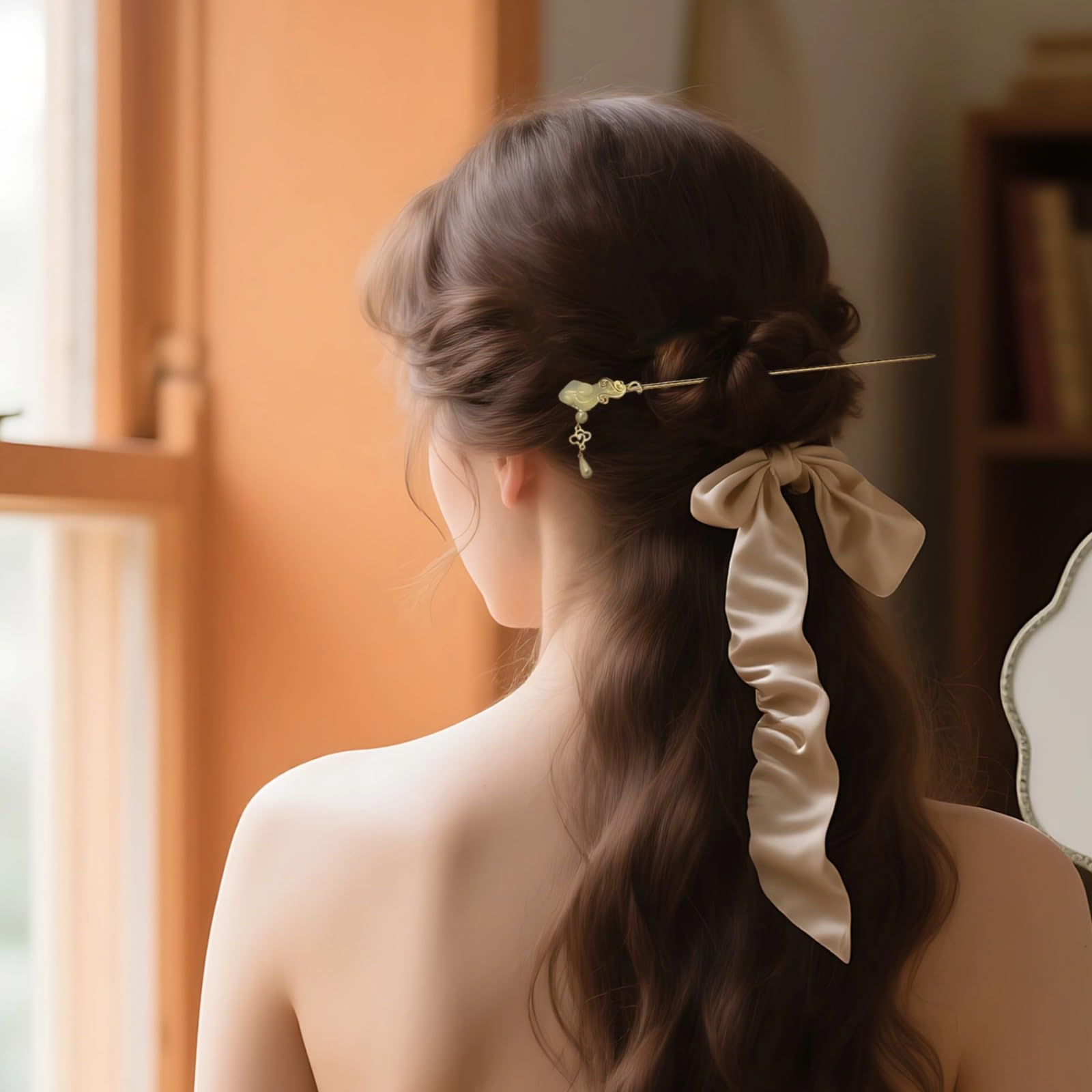 Chinese Hair Sticks with Auspicious Clouds and Faux Pearl, New Chinese Style Hair Pin for Women, Golden Hair Chopsticks for Women, 7.1 in / 18 cm, for Hanfu, Gift Box Package