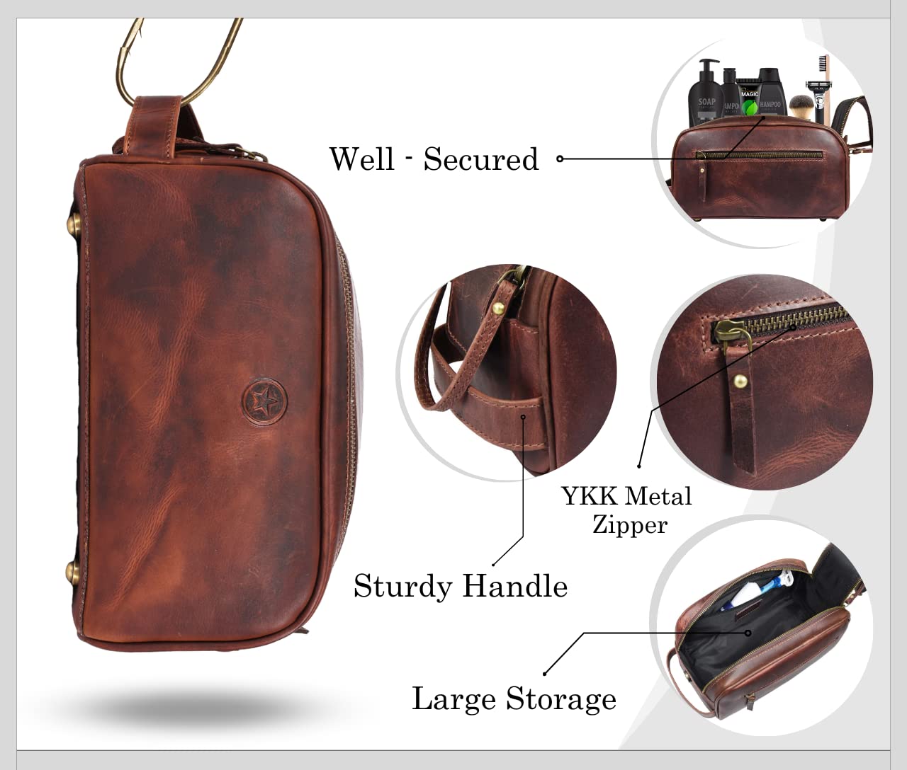 10 Premium Leather Toiletry Travel Pouch With Waterproof - AARON LEATHER GOODS VENDIMIA ESTILO Official Imagery - 3