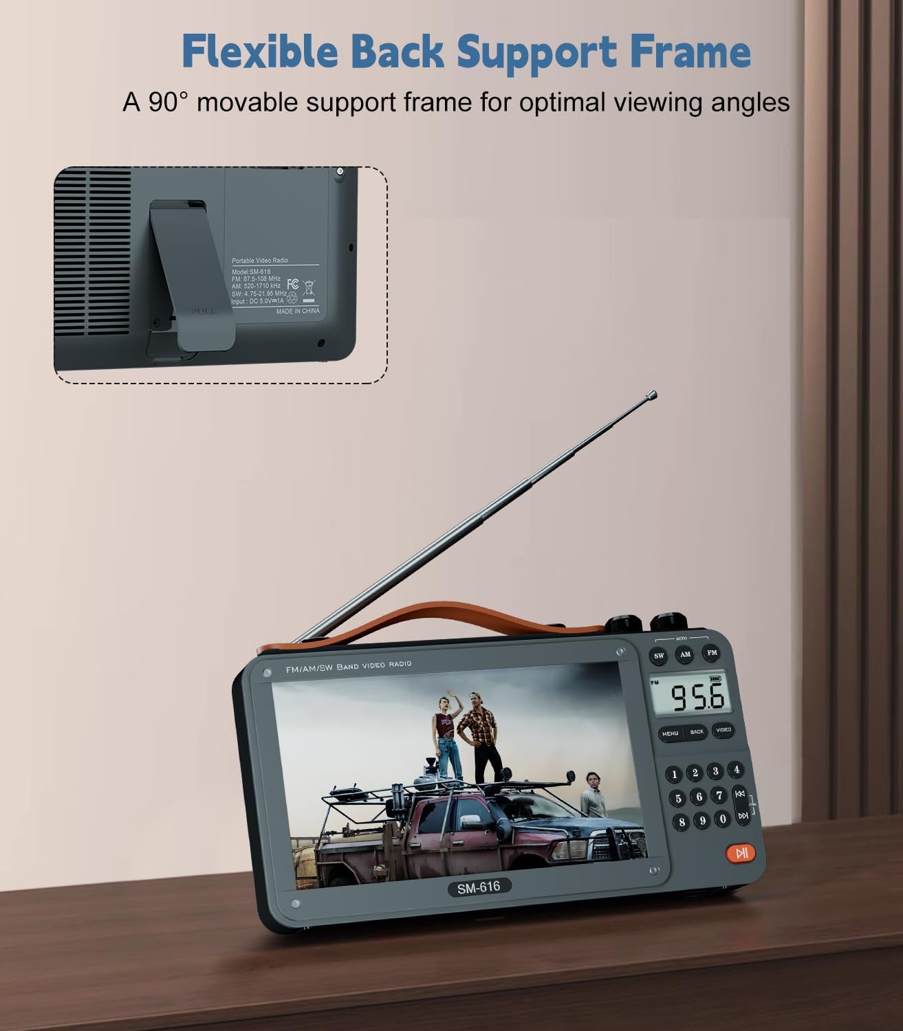 ONGTEED 720P 7-inch screen AM FM radio with Bluetooth speaker and rechargeable battery, displaying a sleek portable media device.