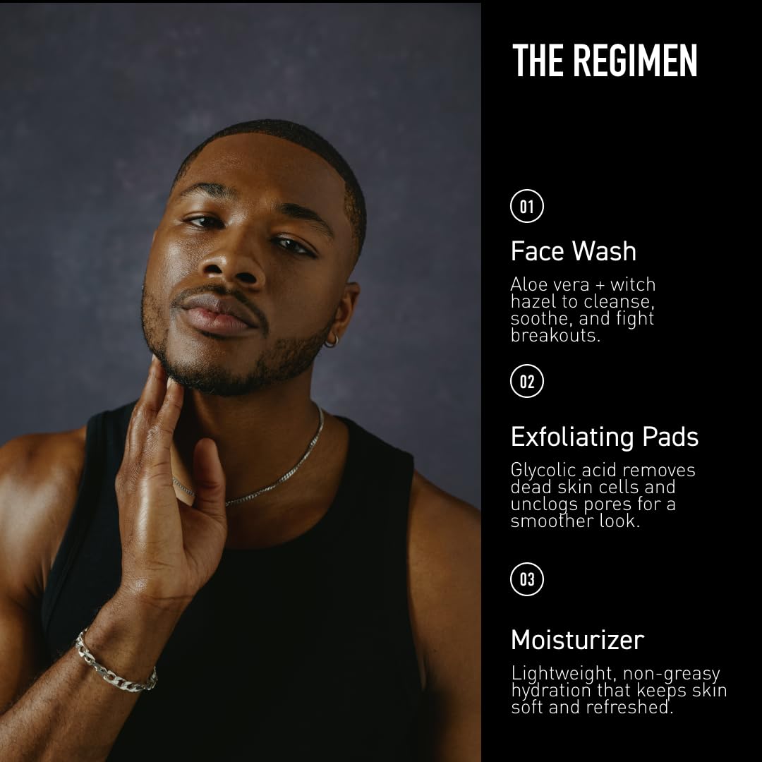 Bevel men's skincare set with facial cleanser, moisturizer, and grooming products arranged on a white surface.