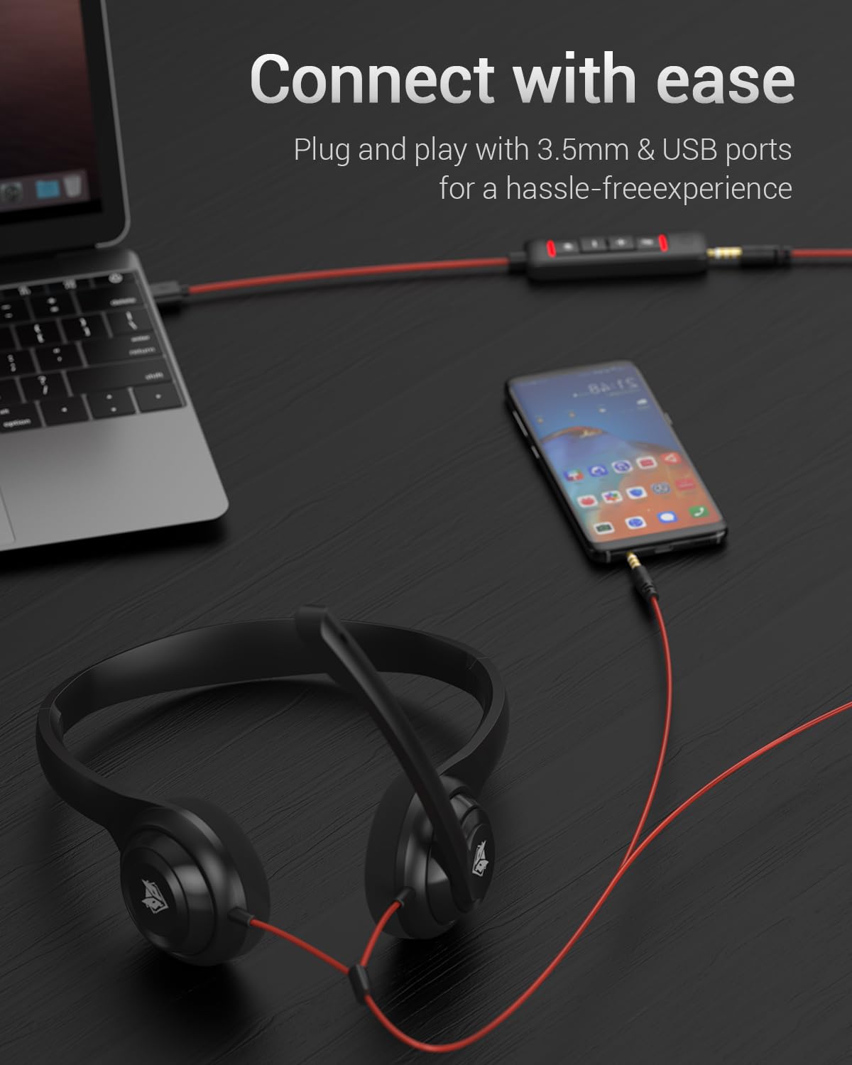 Black NUBWO HW02 USB computer headphones with clear chat microphone, lightweight on-ear design for MS Teams, Skype, and webinars.
