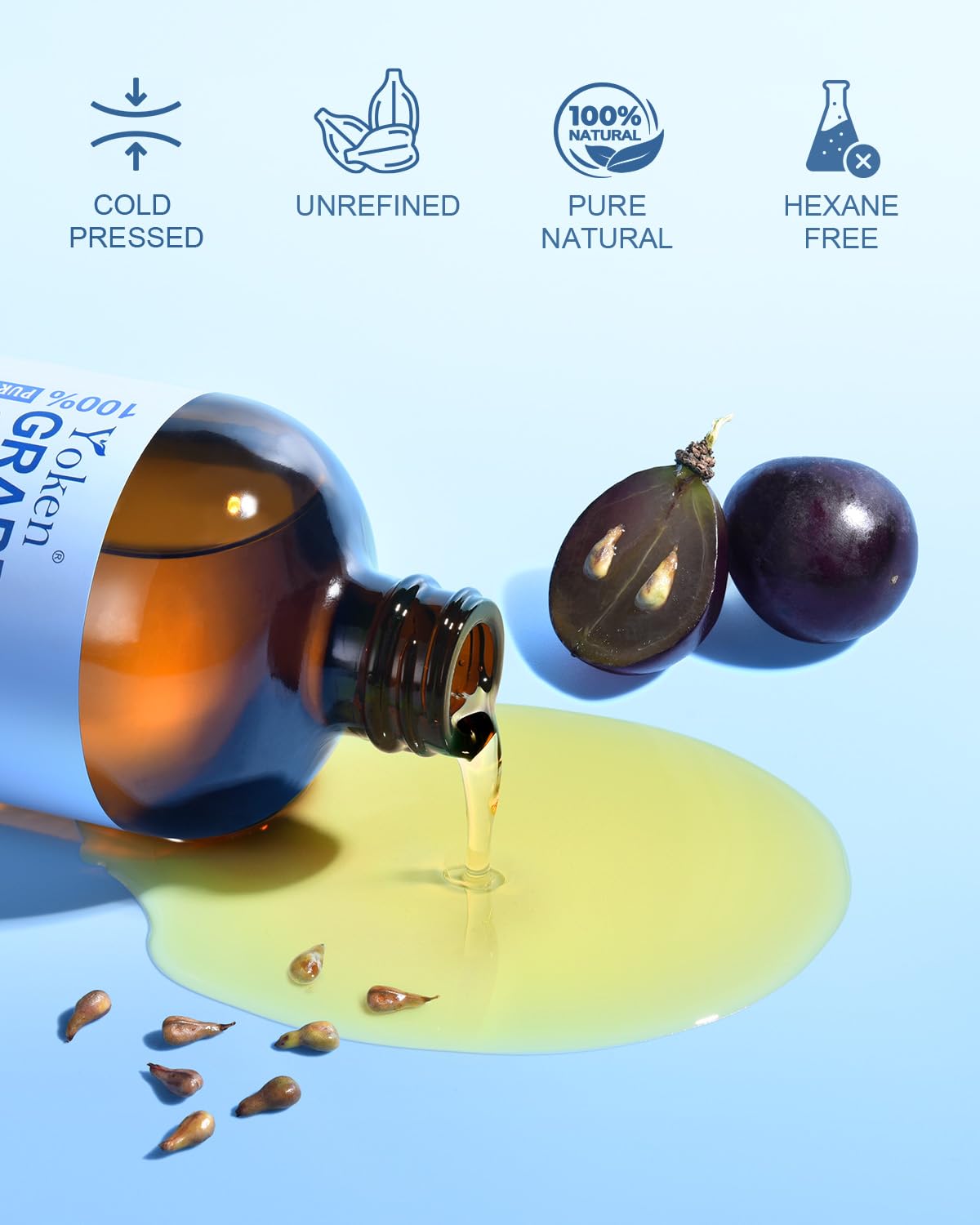 Yoken Organic Grapeseed Oil 16 oz Glass Bottle Cold Pressed - Yoken Official Imagery - 3
