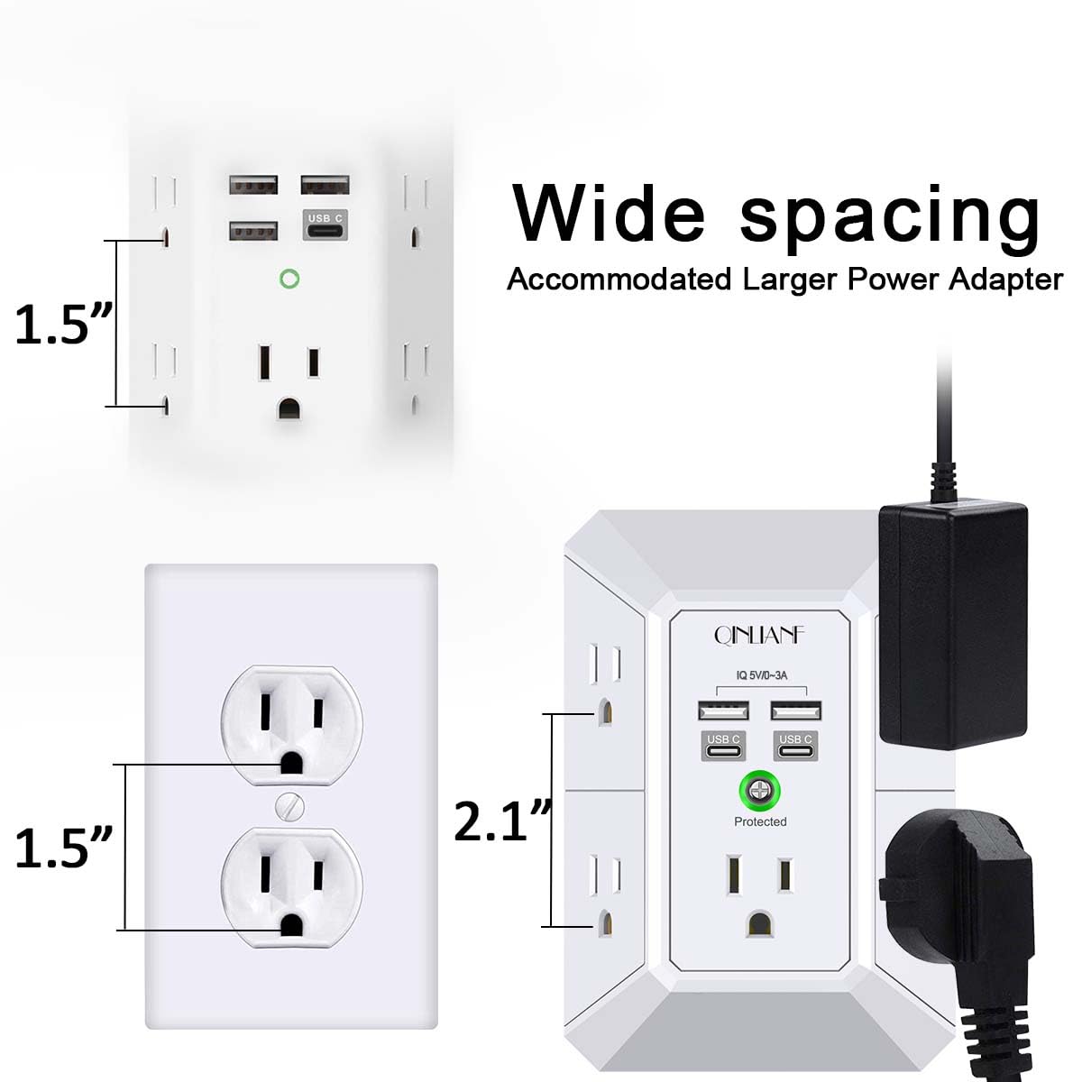 Surge Protector, QINLIANF 5 Outlet Extender with 4 USB Ports by QINLIANF - Angle View 6