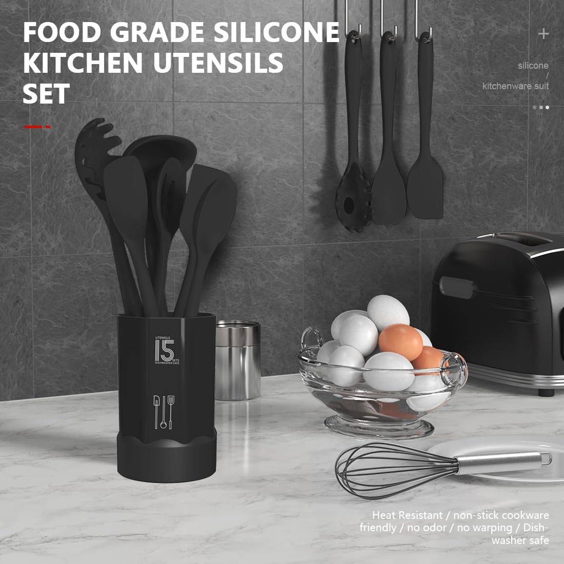 AOTHOD Silicone Cooking Utensils Set - 446°F Heat Resistant Kitch by AOTHOD - Angle View 3