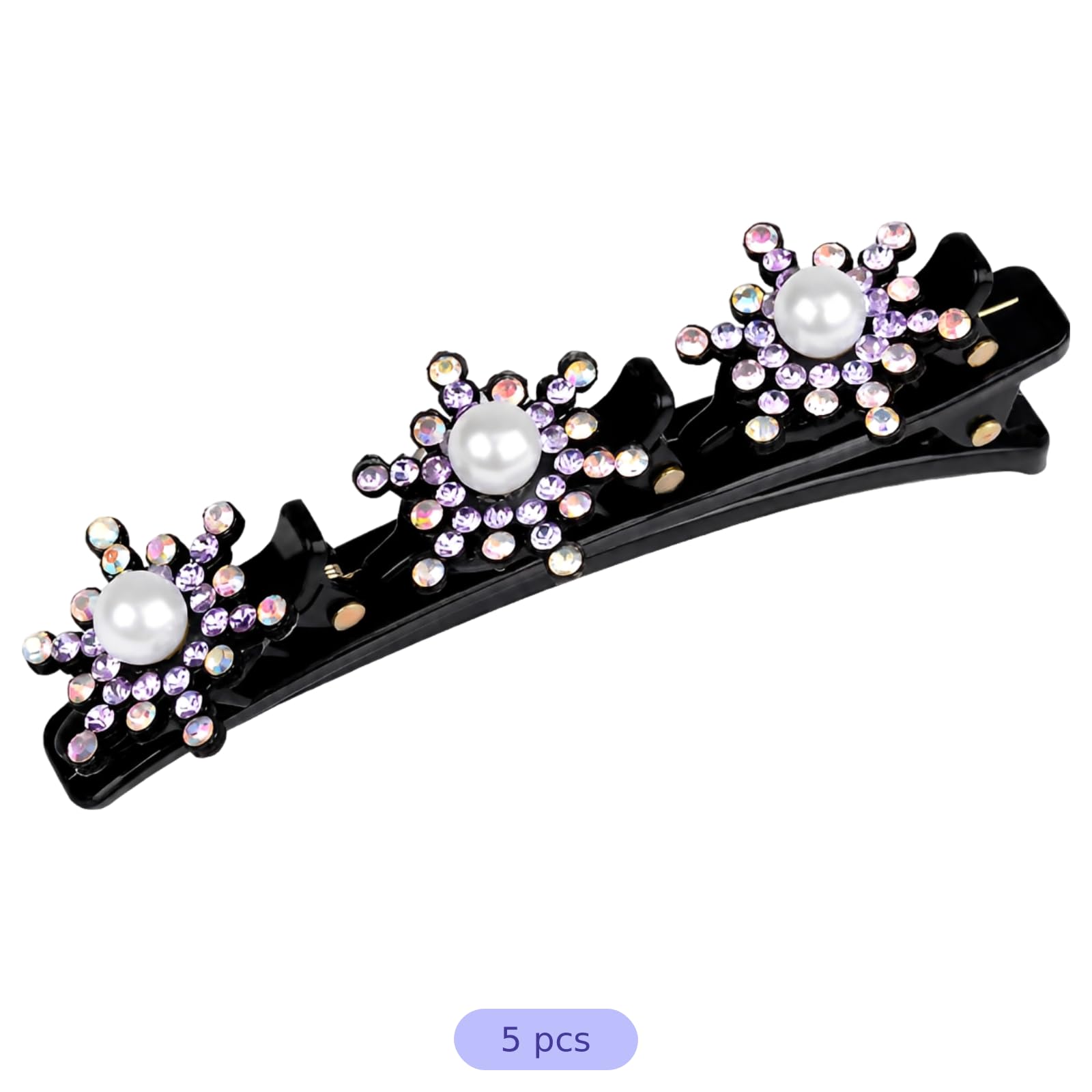 5 Pcs Crystal Stone Clips for Women, Purple Sparkling Hair Accessory with Snowflake Pearl Rhinestones, Double Layer Braided Hair Clips for Styling, Barrettes for Daily Use, Work and Parties