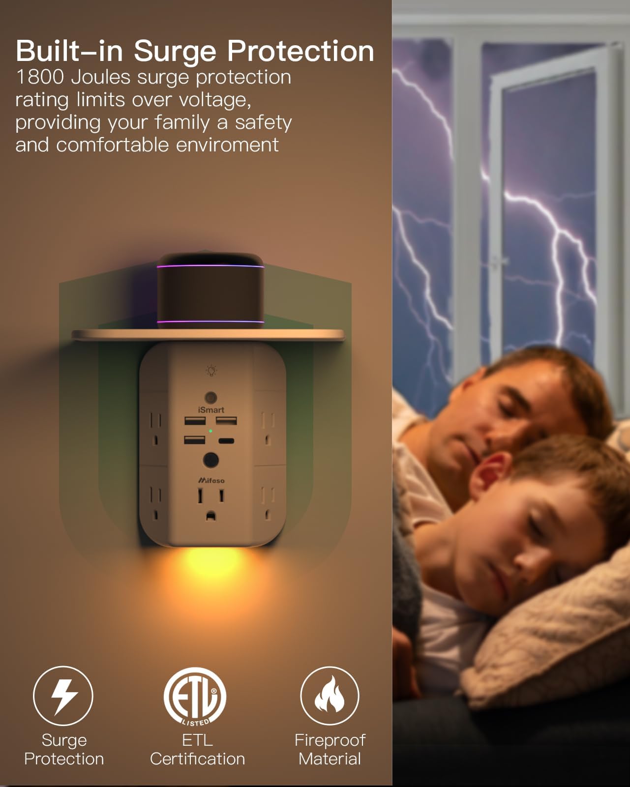 Mifaso Outlet Extender with Shelf and Night Light, 1800J Surge Pr by Mifaso - Angle View 4