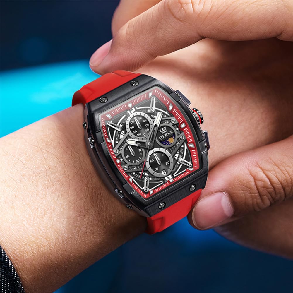 OLEVS Men's Square Chronograph Watch – Red Silicone