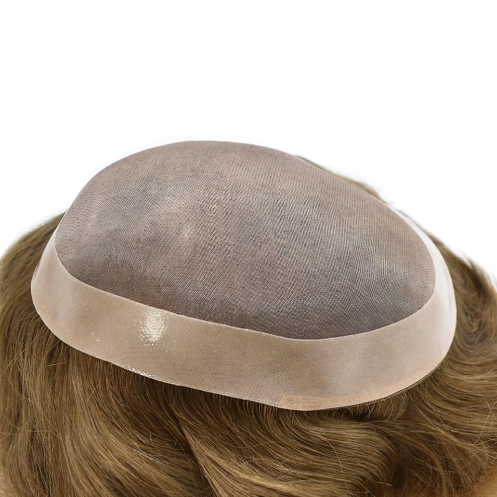 Curve Hair Mens Toupee Human Hair Piece Replacement System Monofilament Wig Hair Unit for Men Durable Poly Coated Mens Hairpiece (#17 Dark Ash Blonde, 6"X8")