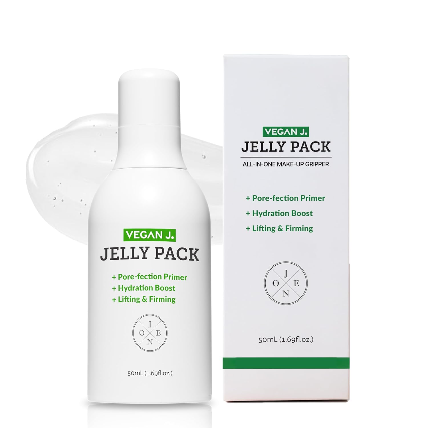 Vegan J. Multi-Use Primer Gel with niacinamide for firming and hydrating skin, in a clear tube with a gel texture.