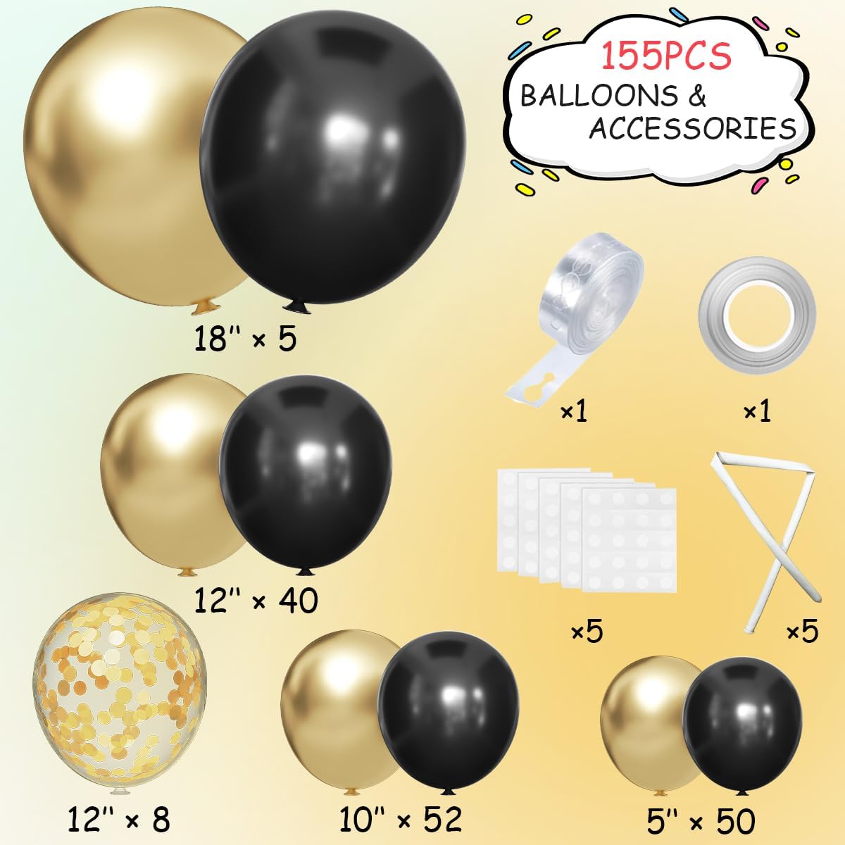 MEBAY 155Pcs Black and Gold Balloon Garland Arch Kit with Gold Confetti