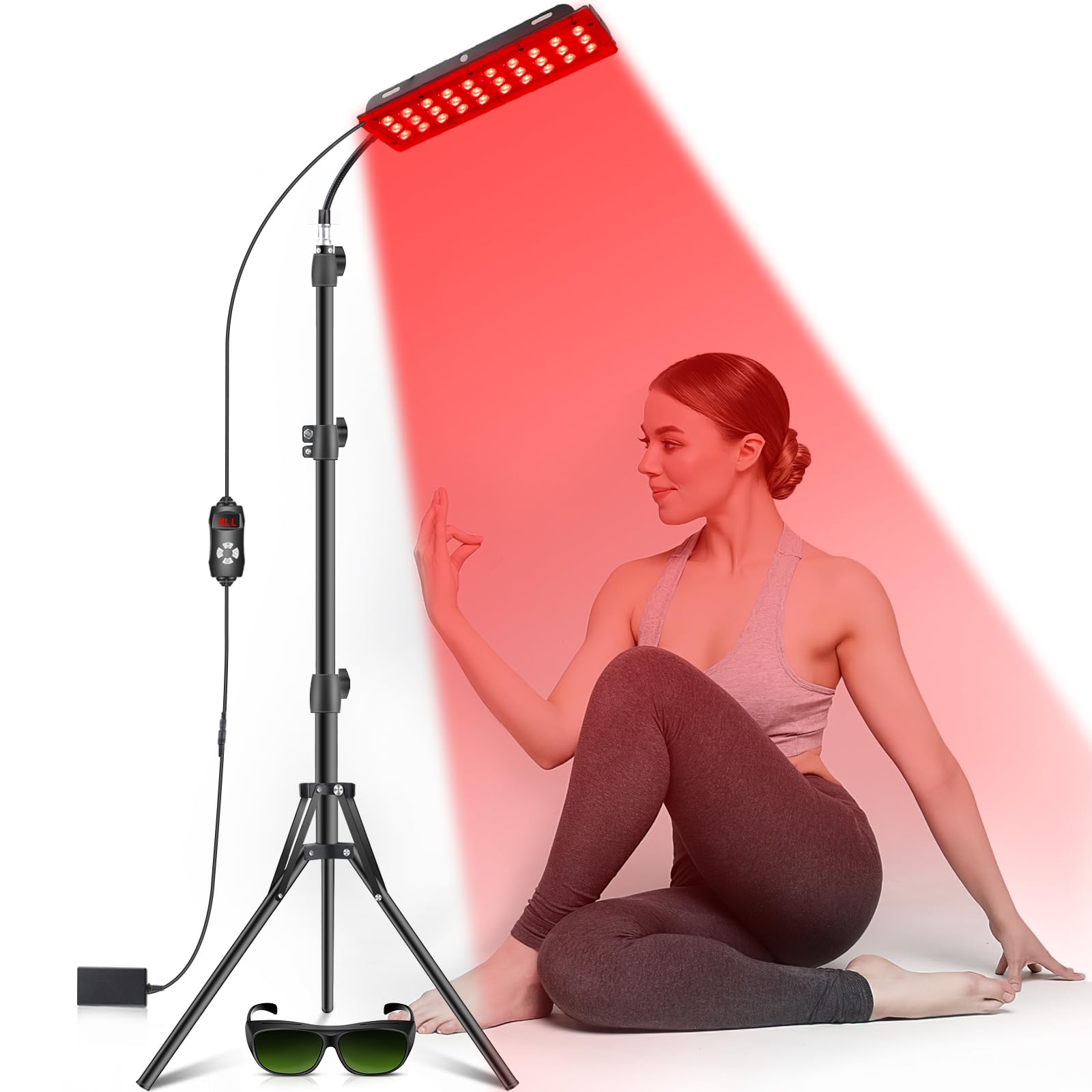 Astarexin red light therapy panel with stand, featuring 660nm and 850nm wavelengths for health and wellness treatments.