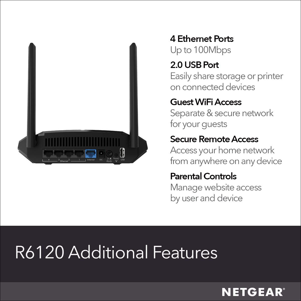 NETGEAR WiFi Router R6120 with dual-band AC1200 wireless, four Ethernet ports, USB port, and sleek black design.