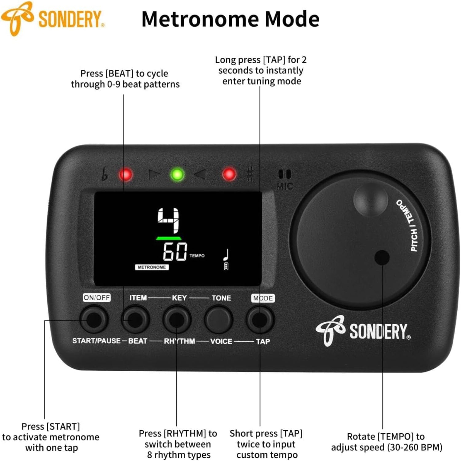Sondery 3-in-1 digital metronome and tuner for all instruments, rechargeable device with a digital display and control buttons.
