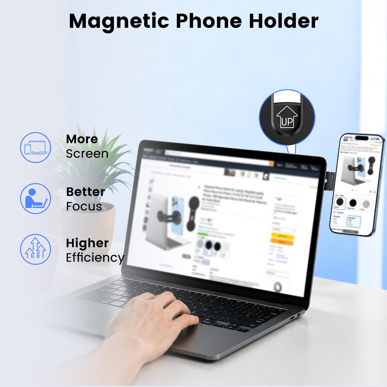 MAGDIGITEH Magnetic Phone Holder for Laptop, MagSafe Laptop Phone Mount for iPhone 17/16/15/14/13/12 & All Phones, 180°Adjustable Phone Side Mount for Monitors for Tesla (Black)